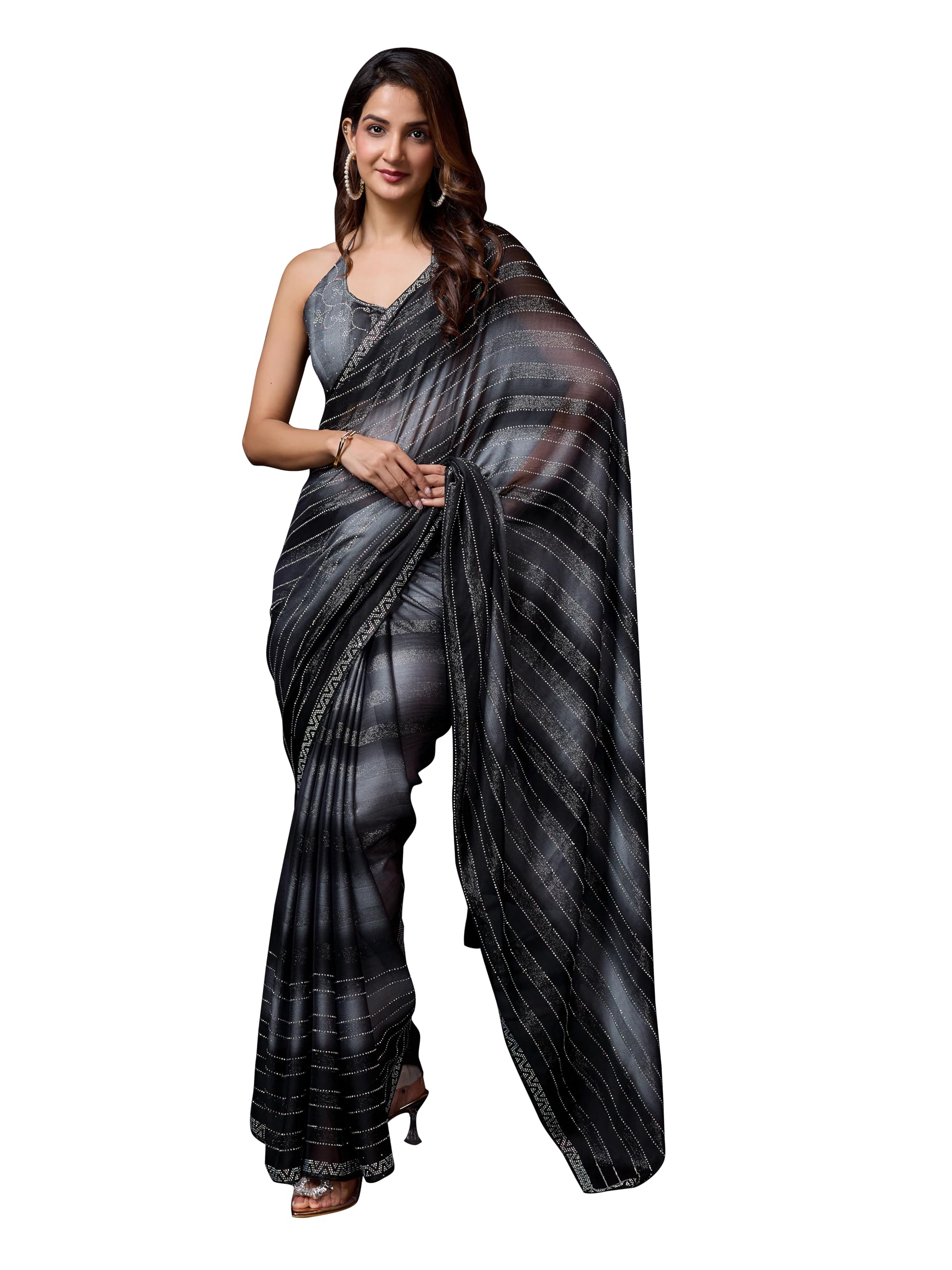 trendmalls Women's Chiffon Siroski Work Saree with Unstitch Blouse Piece-picture-20