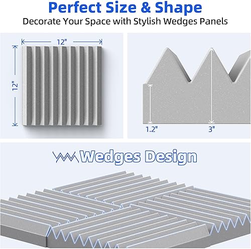 Miniatura 5 de Paquete de 12 paneles de espuma a prueba de sonido para pared con autoadhesivo, paneles acústicos de alta densidad de 3 x 12 x 12 pulgadas, absorben
