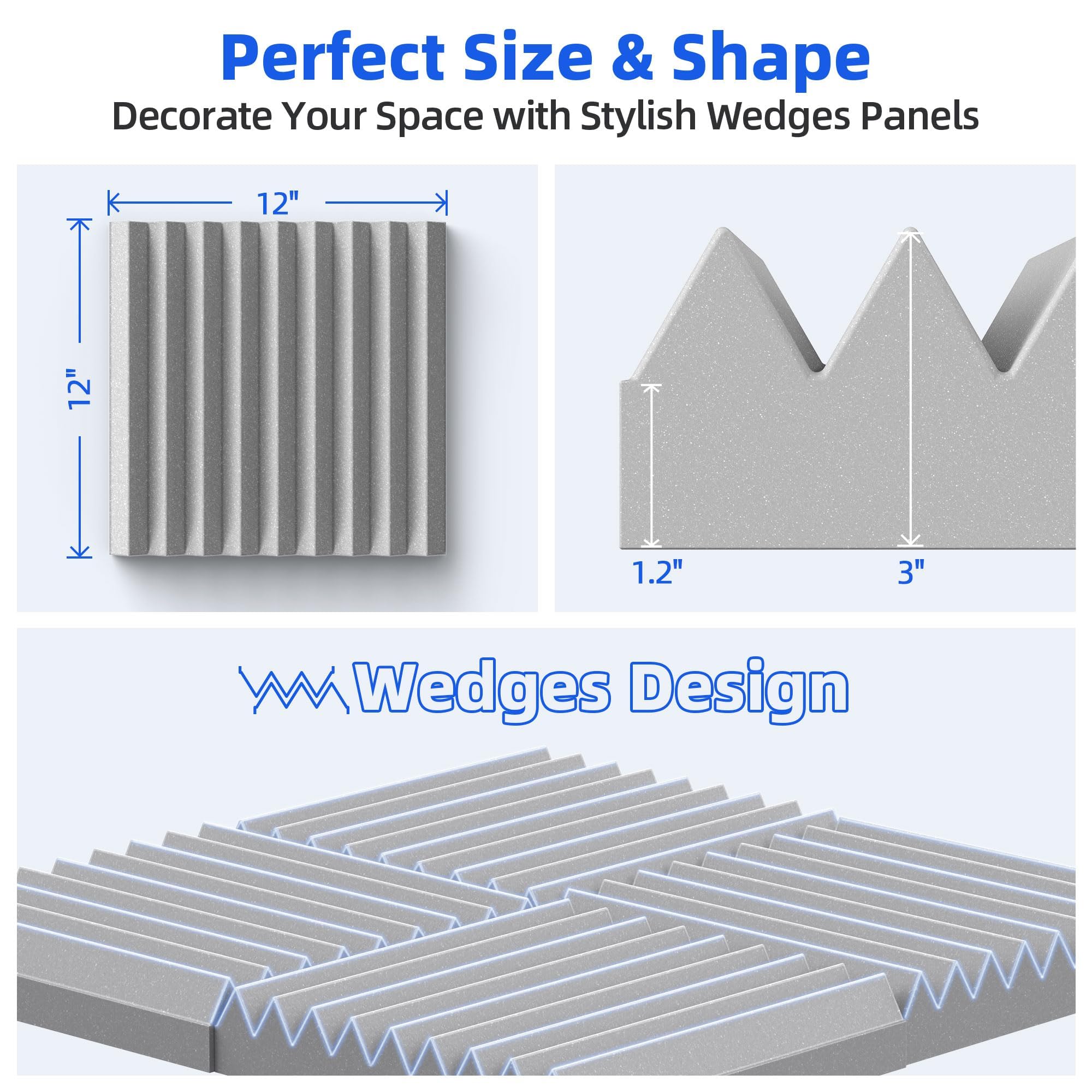 12 Pack Sound Proof Foam Panels for Wall with Self Adhesive, 3" X 12" X 12" High Density Acoustic Panels Sound Absorbing Quick-Recovery, Wedges Soundproof Wall Panels for Gaming & Studio Decor - Gray