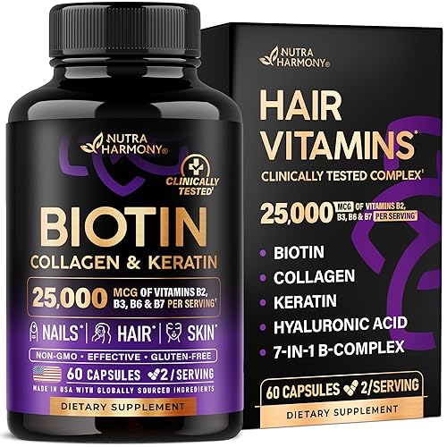 Biotin | Collagen | Keratin - Clinically Tested Supplement - Hair Growth Support, Skin & Nails - 25000 mcg Vitamins B2, B3, B6 & B7 + B1 & Hyaluronic Acid - Made in USA - Women & Men | 60 Capsules - 60 Count (Pack of 1)