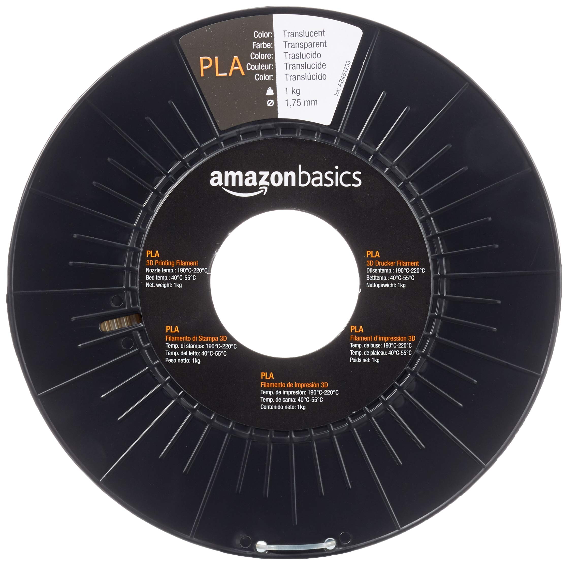 Amazon Basics - Filamento per stampanti 3D, in polilattato (PLA), 1.75 mm, traslucido, 1 kg per bobina