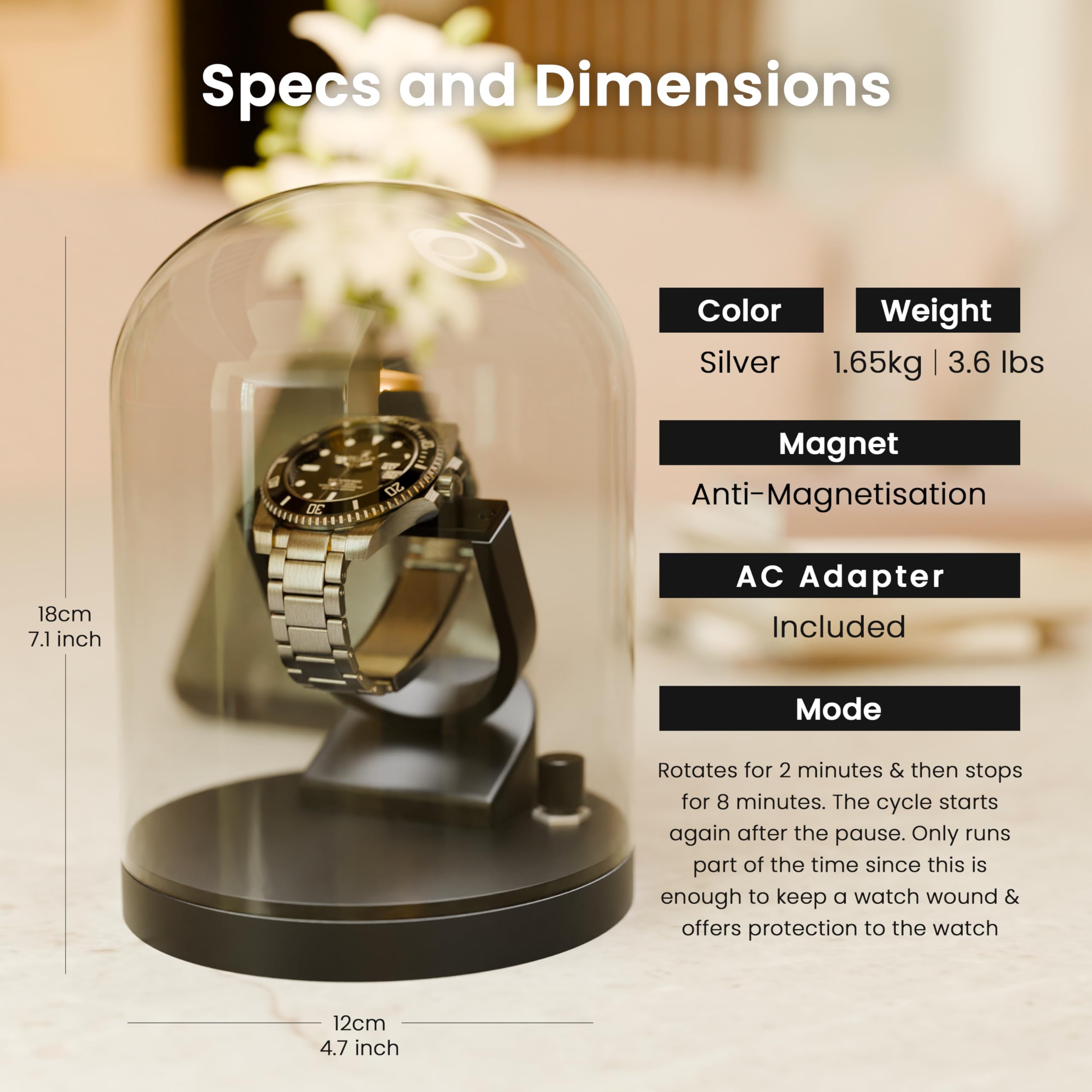 Elestoria Orbit Watch Winder - Single Watch Winders for Automatic Watches and Mechanical for Rolex Winder Box Gyro Gyroscope Clear Transparent