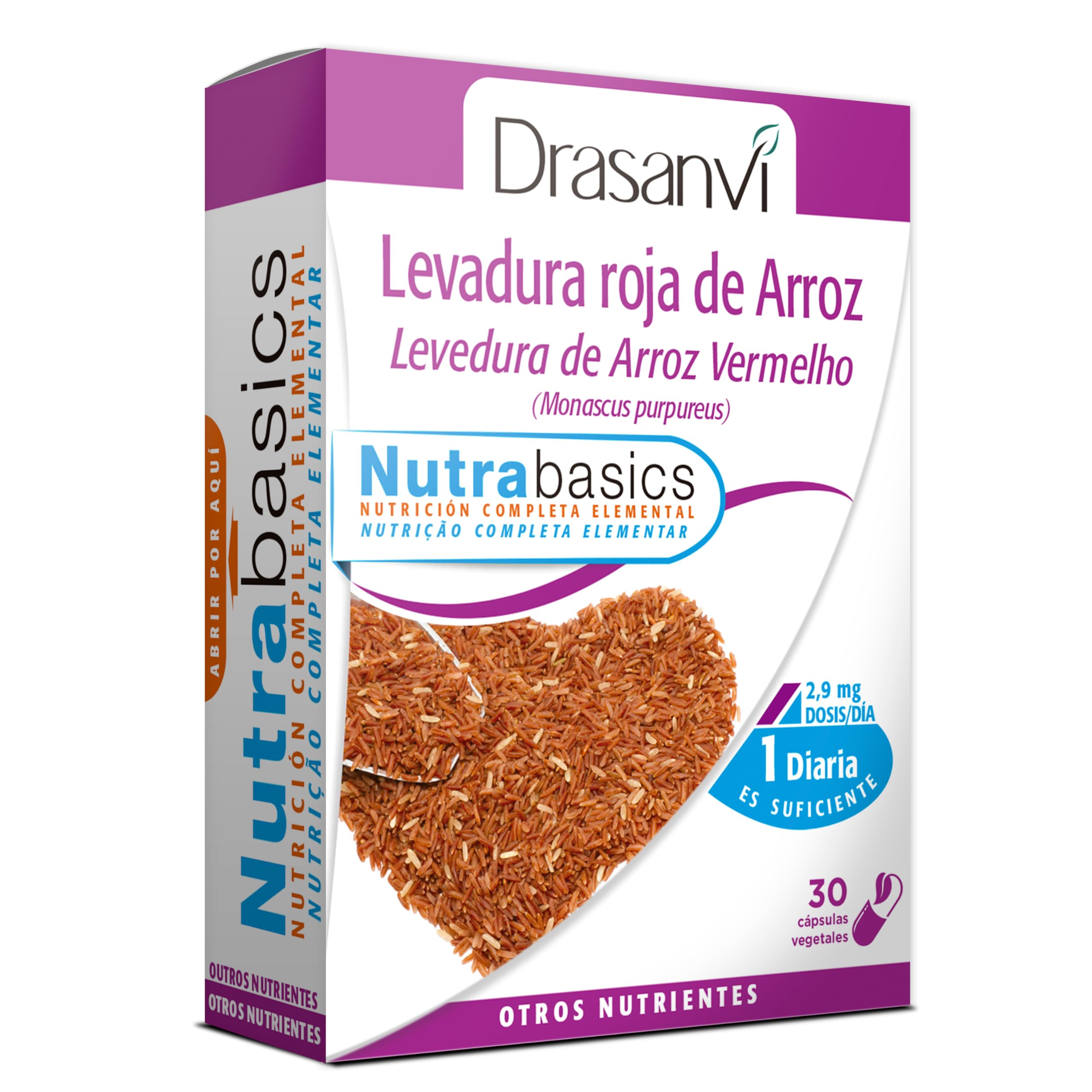 DRASANVI Levadura Roja de Arroz (Monascus purpureus) |2,9 mg de Monocolina K| Contribuye a Mantener los Niveles Normales de Colesterol |Cápsulas Vegetales |30 Cápsulas = 30 Días