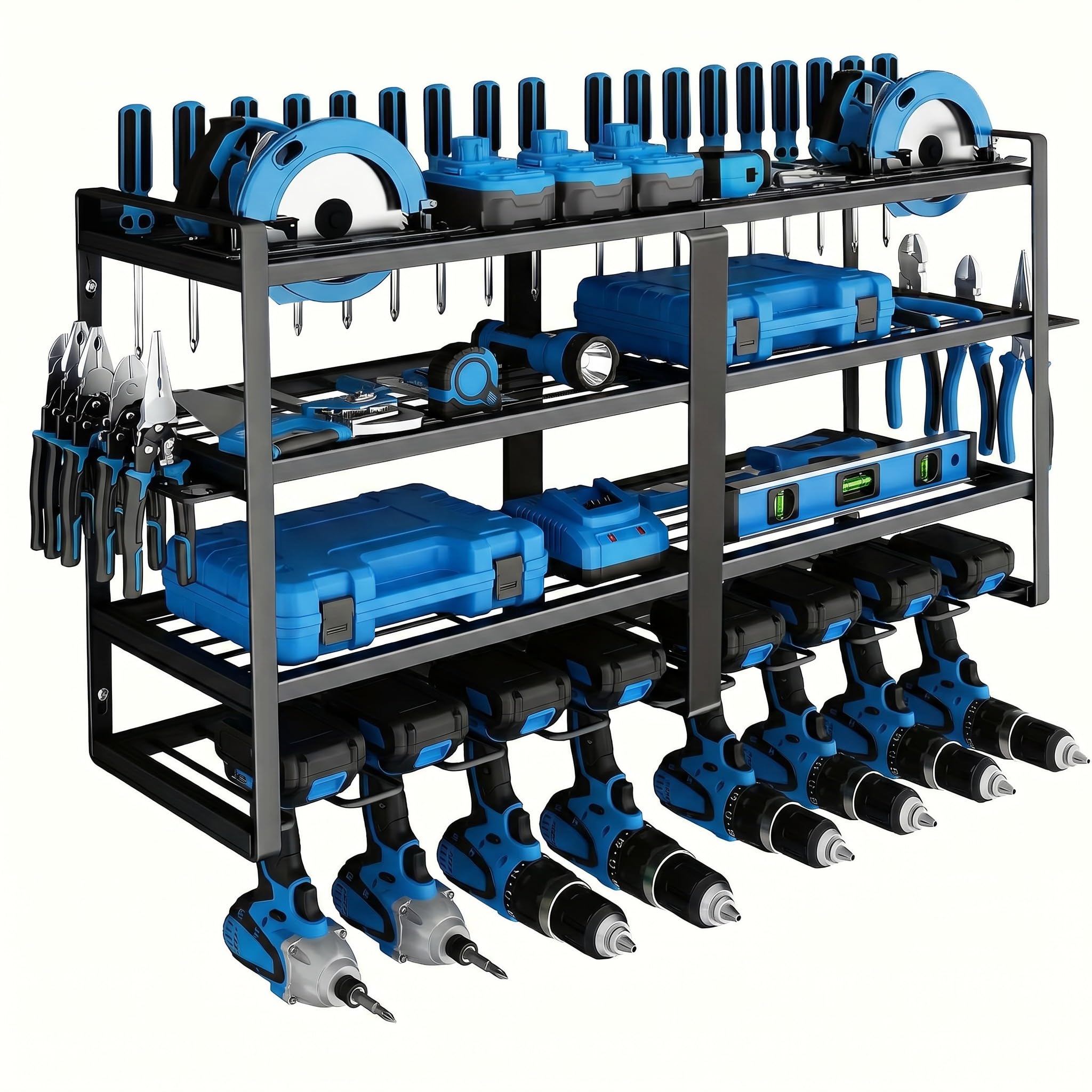 SOONHUA Organizer per Utensili Elettrici da Parete a 4 Strati, Portautensili in Ferro con 8 Scomparti per Trapano, Supporto per Pinze e Martello, Scaffale per Garage e Officina (81x41x20 cm, Nero)