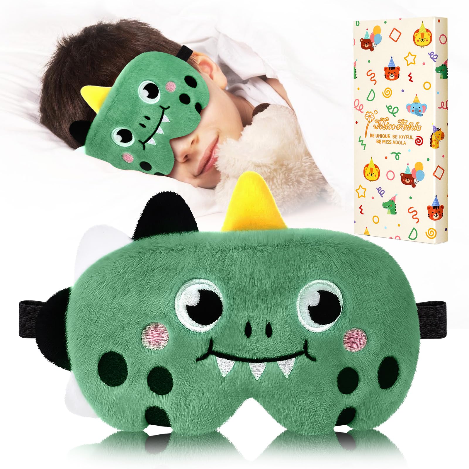 Miss Adola Sleep Mask for Kids - Cute Cartoon Plush Fuffy Sleeping Eye Cover Green Dinosaur Kawaii Soft