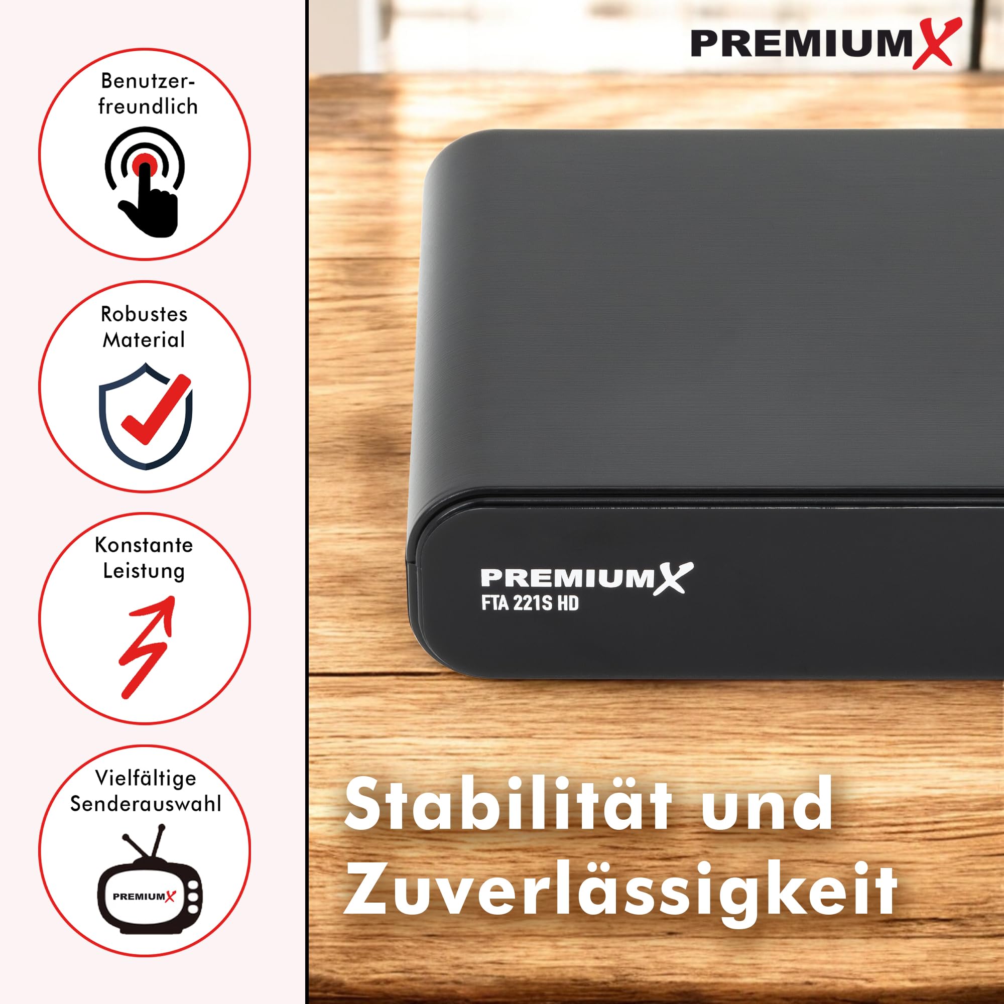Récepteur satellite Premium X HD 221S – Récepteur satellite numérique DVB-S2 FTA, compatible avec Unicable, HDMI et péritel, lecteur multimédia USB, émetteur allemand compact préinstallé