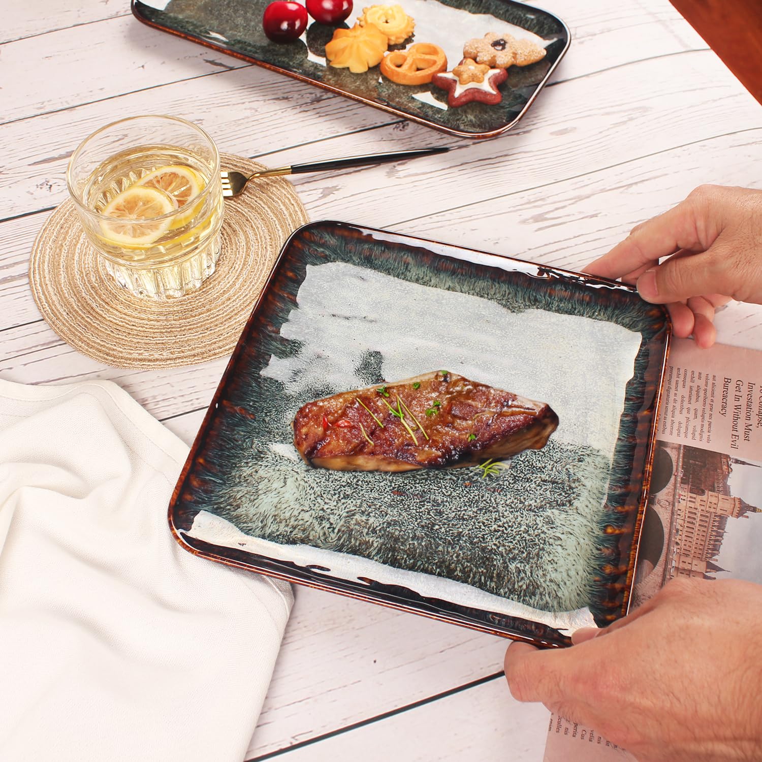 jinsongdafa Ceramic Dinner Plates Set, 22.7 CM Dessert Plates Set of 4, for Platter Tray Serving Plate - Image 4