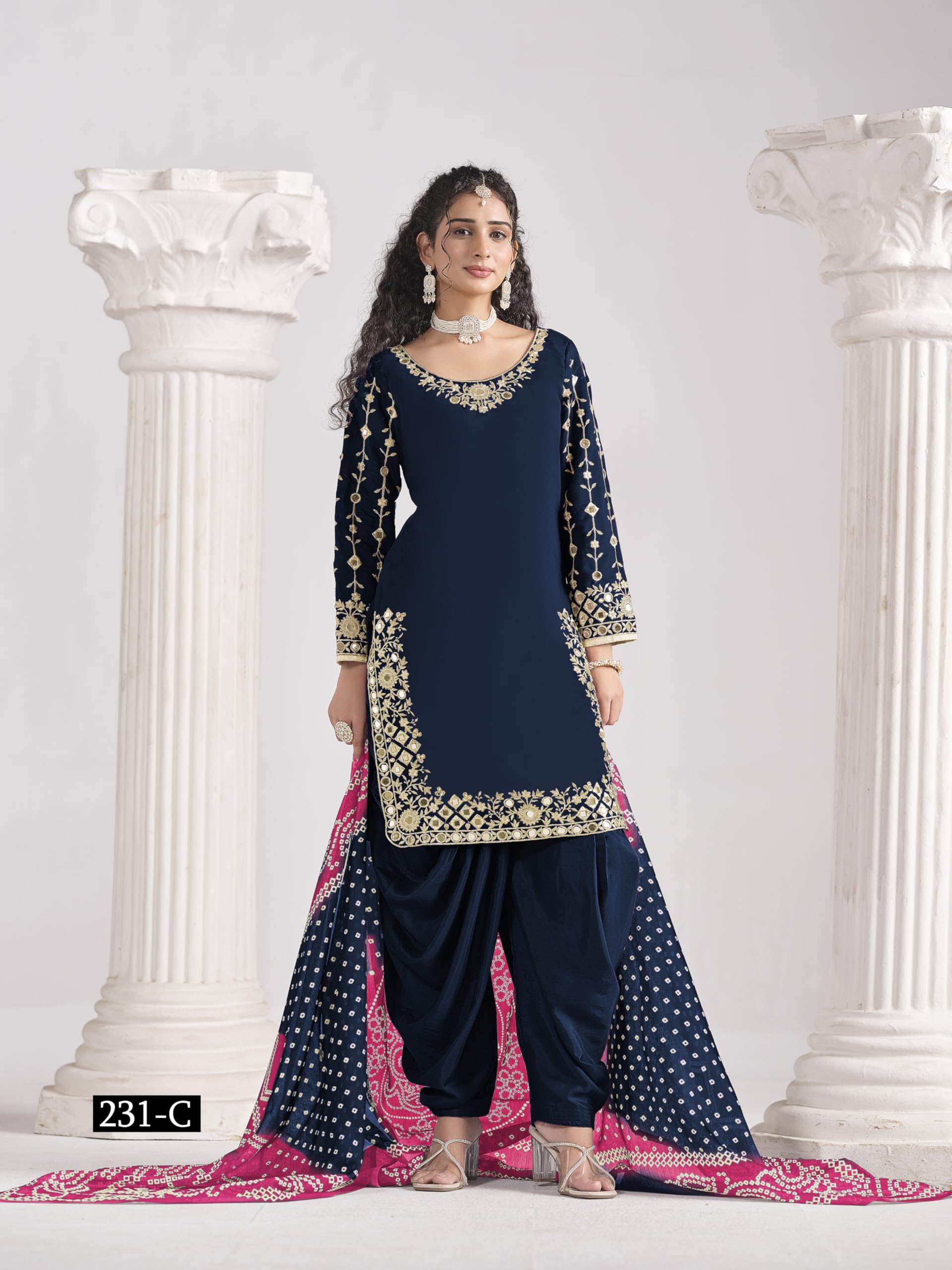 Designer Roman Silk Embroidered Patiala Salwar Suit with Printed Dupatta for Women Festive Party Wear