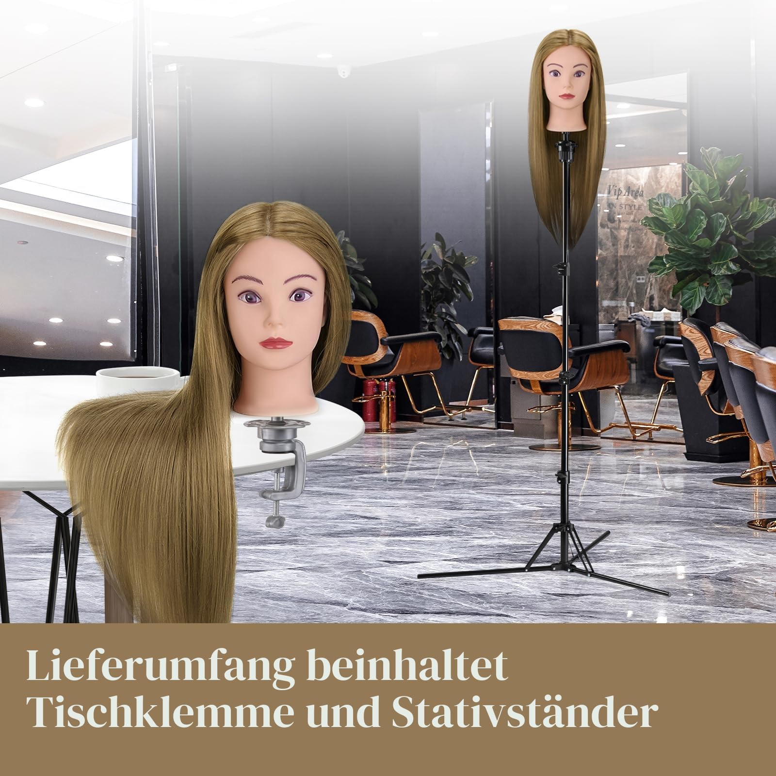 Neverland Beauty Frisierkopf mit Übungskopf ständer,71cm 60% Frisierkopf Echthaar,Puppenkopf zum Frisieren,Trainingsköpfe für Friseure Ausbildung Kopf Mit Halter + DIY Haare Set(Blond)