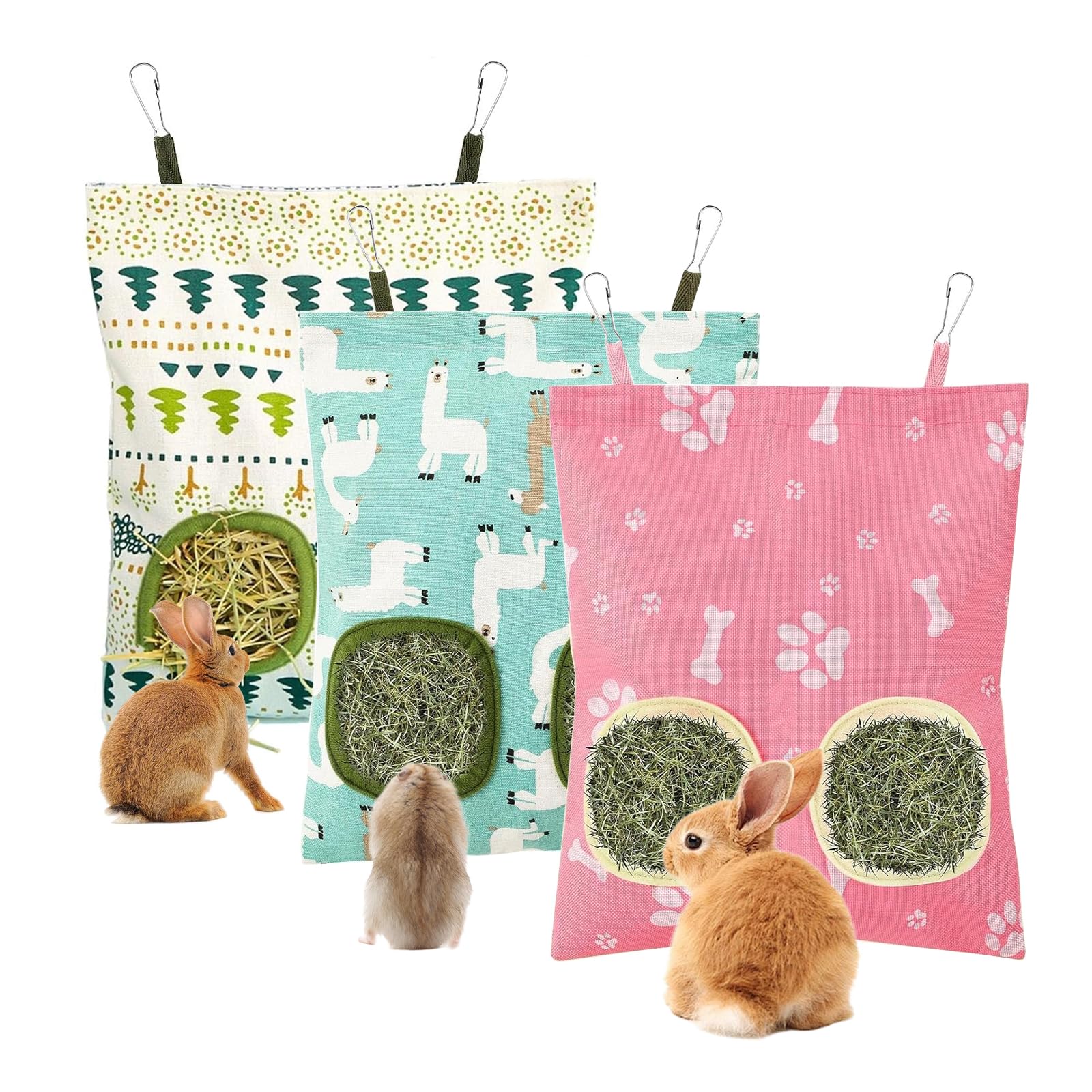 Sac à Foin Lapin Ratelier Suspendu Coton Lin 35.5x24.5 cm avec 2 Trous pour Cochon d'Inde Chinchilla Hamster