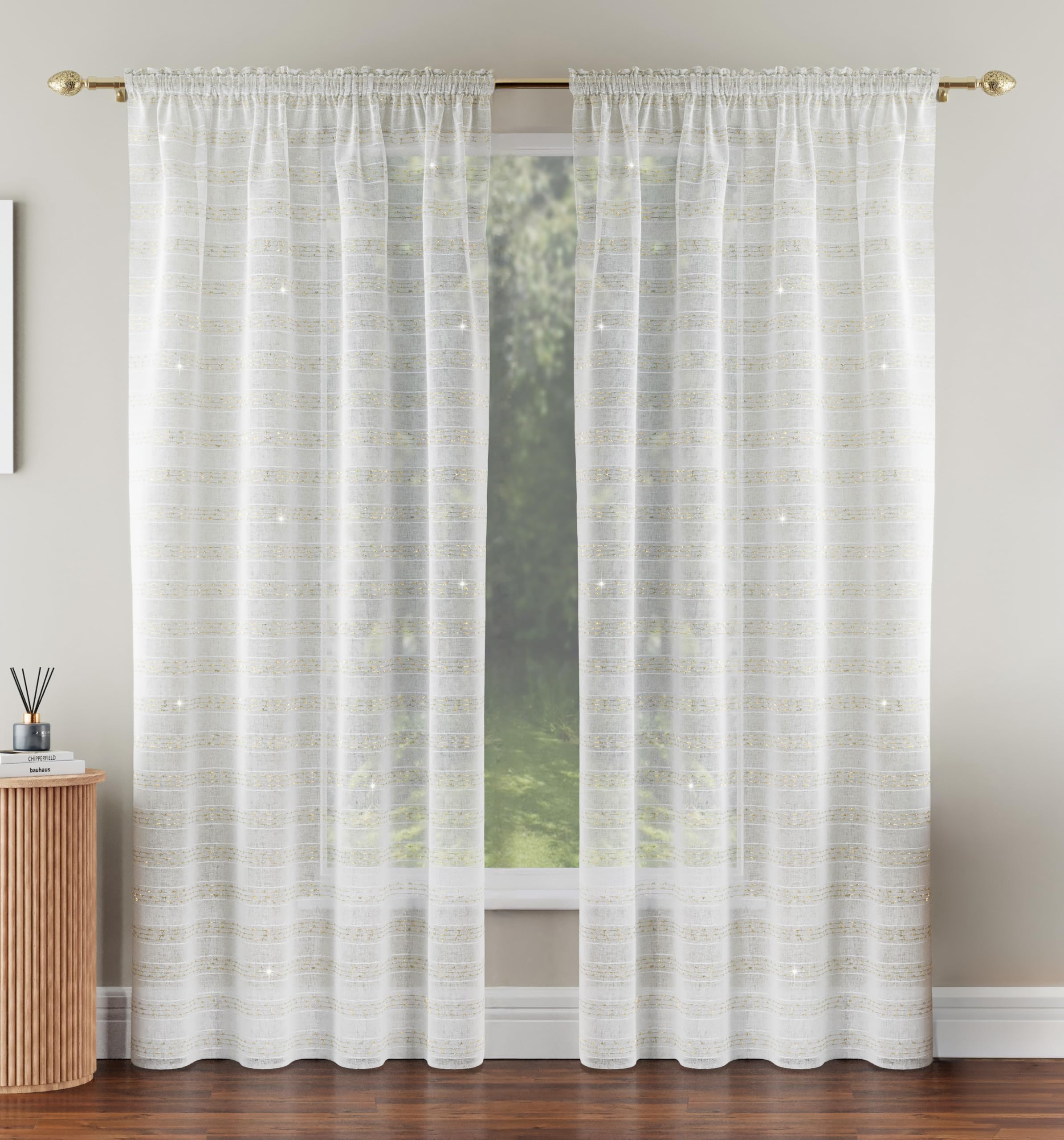 Lima Metallic Lurex Stripe Voile Panels Pair - Gold - 140cm x 229cm - Rod Pocket Header