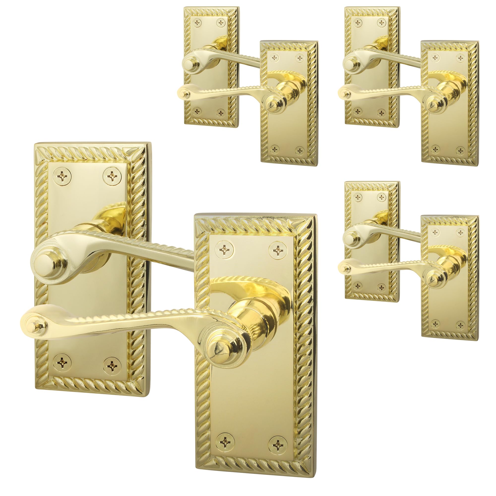 EAI Polished Brass Door Handles, 4 Pairs on Backplate - Rope Scroll
