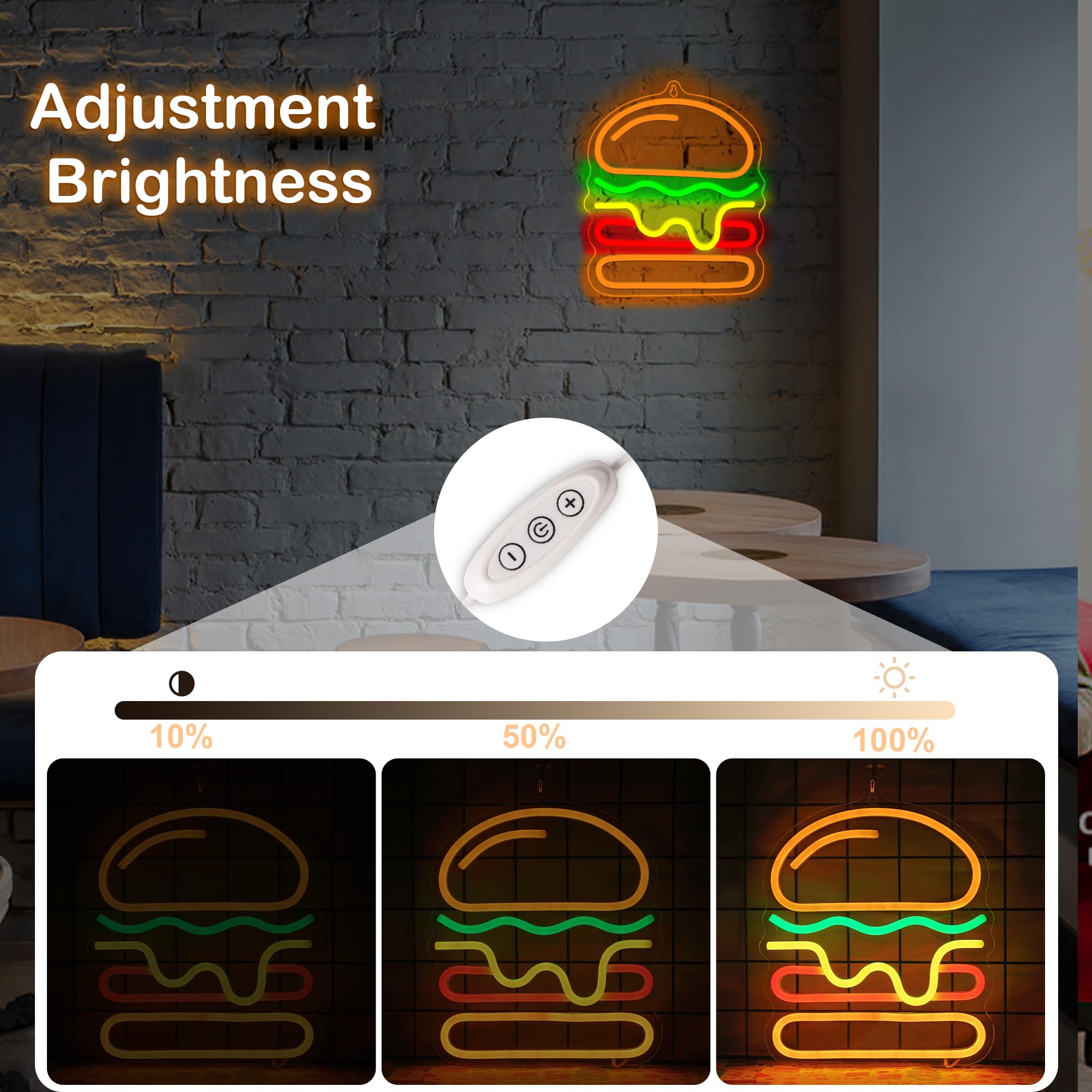 Attivolife Panneau néon hamburger pour décoration murale, lampe lumineuse de délicieux aliments avec alimentation USB faible, décoration unique pour magasin de restauration rapide, restaurant, Noël
