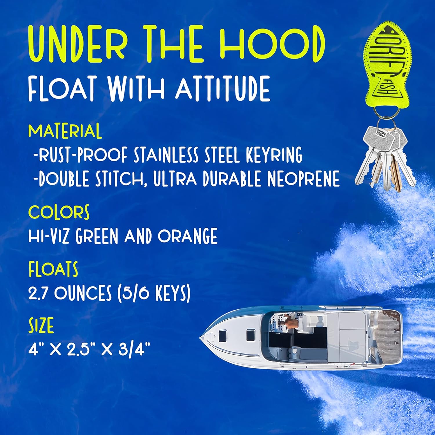 DriftFish Floating Neoprene Boat Keychain Key Float | Jumbo Size | Float 5 to 6 Keys | Waterproof Key Chain, Green and Orange : Automotive