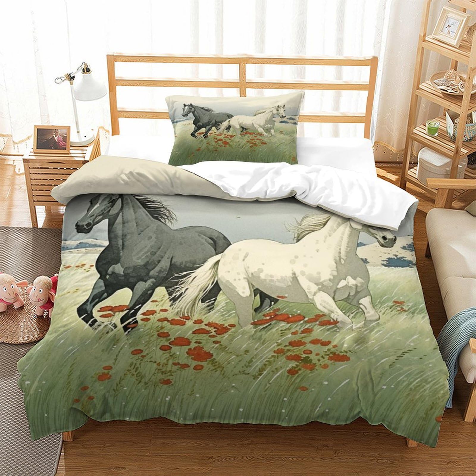 P1S9U7W5Y Wild Meadow 3D Printed Running Horse Duvet Cover Set 3pcs Microfiber Pasture Horse Bedding Set Single