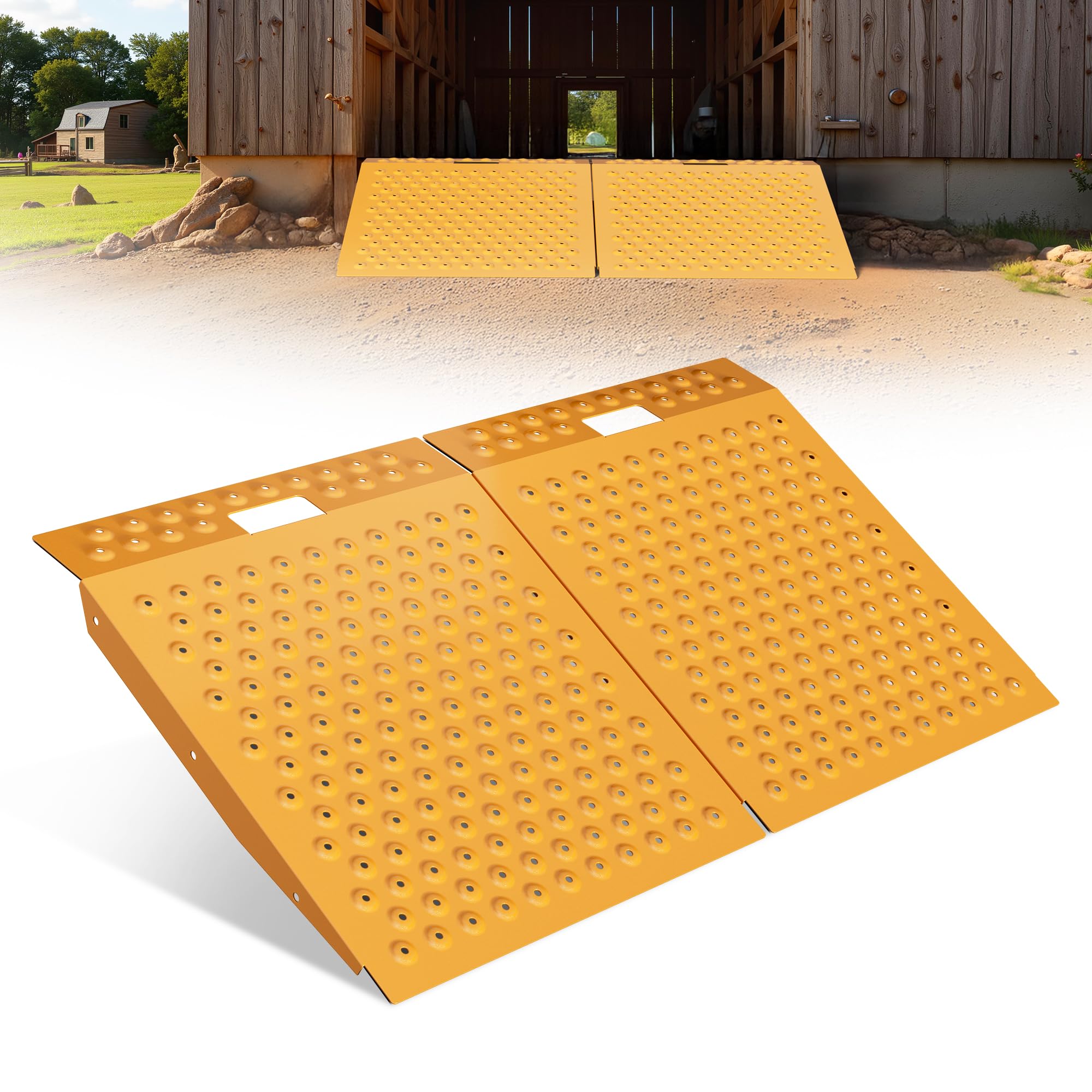 VNN 29" x 48" Shed Ramp for Riding Mower - 1500 LB Capacity Shed Ramps, Anti-Slip Punch Plate Ramp for ATV, Motorcycles, Garages & Barns (2PC, Yellow)