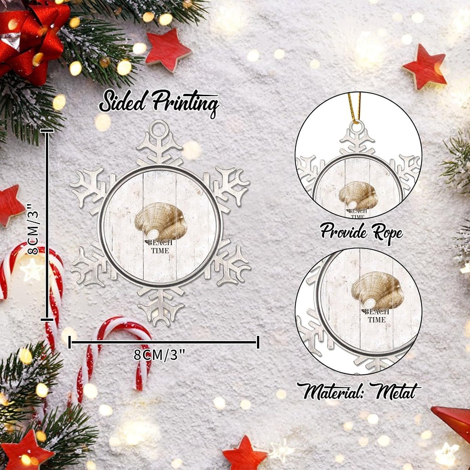 Coastal Ocean Decor Xmas Tree Ornaments Beach Time Nautical Antique Seashell Snowflake Metal Xmas Tree Hanging Pendant Keepsake Vintage Wood Grain Ocean Life Xmas Hanging Ornament