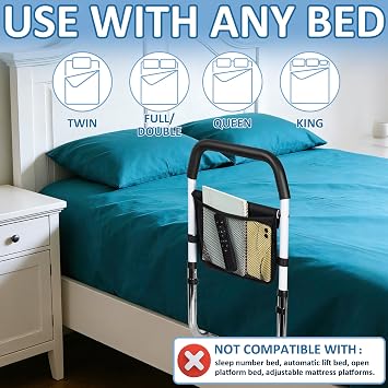 OUUTMEE Bed Rails for Elderly Adults, Adjustable Height with Storage Pocket | Bed Assist Rail, Safety Bed Guard/ Grab Bar/ Bed Cane/ Fall Prevention Bedside Handrail for Pregnant, Mobility Support