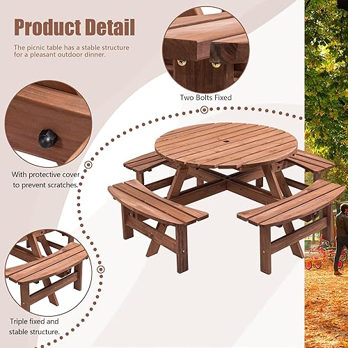 Miniatura 5 de Mesa de pícnic para exteriores, mesa y sillas de picnic para 6 personas. Disfruta de cenar al aire libre con amplia mesa circular de picnic para 6