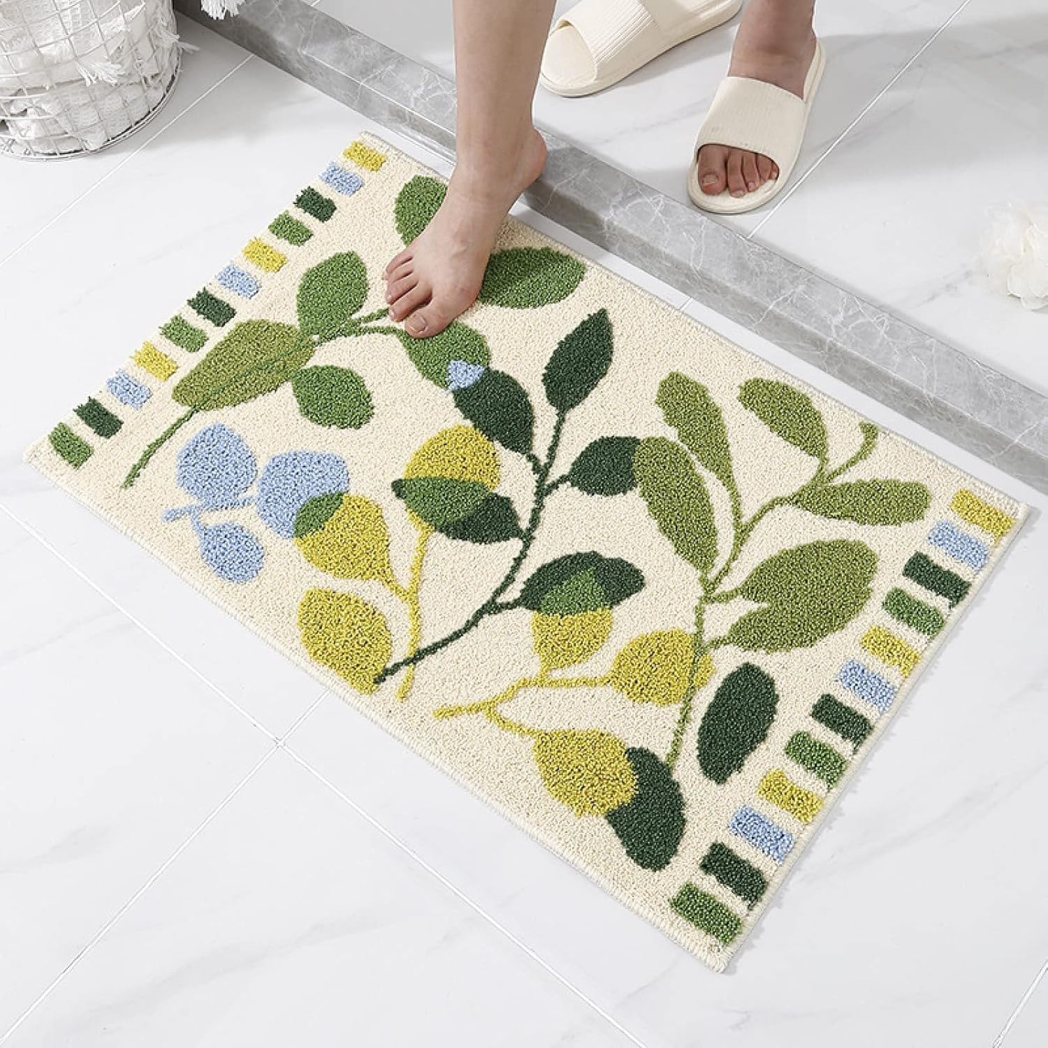 WOMGKDA Flannel Bath Mat Non Slip 40x60CM Green Yellow Leaves Soft Absorbent Bathroom Carpet Washable Anti-Slip Bottom for Bath Tub Flooring Decor, 50×80cm, 50×80cm