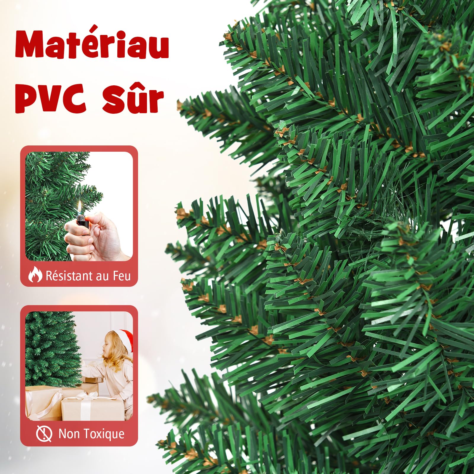 GYMAX Sapin de Noël 180cm Slim Artificiel, 400 Branches en PVC, Support Métallique Pliable, Sapin Mince Gain de Place pour Maison, Magasin, Bureau