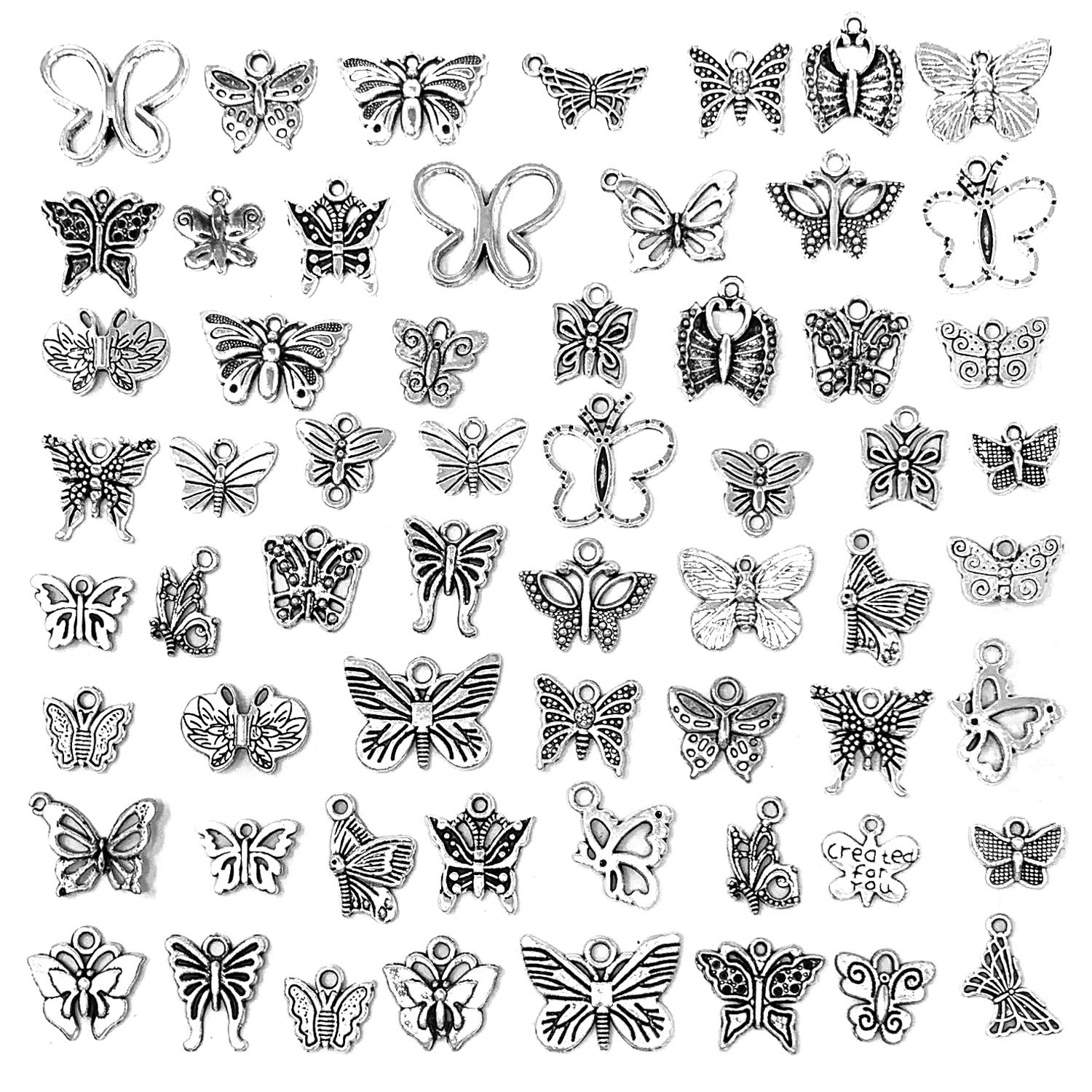 JIALEEYButterfly Charms Beads Necklace Pendants DIY for Jewelry Making and Crafting, 60 PCS Tibetan Silver Plated Butterfly Charm