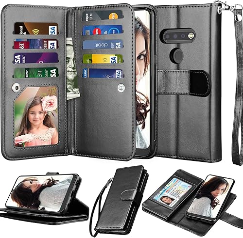 NJJEX Funda compatible con LG K51LG Q51  LG ReflectLG K51, 9 ranuras para tarjetas Funda de piel sintética para tarjetas de crédito de