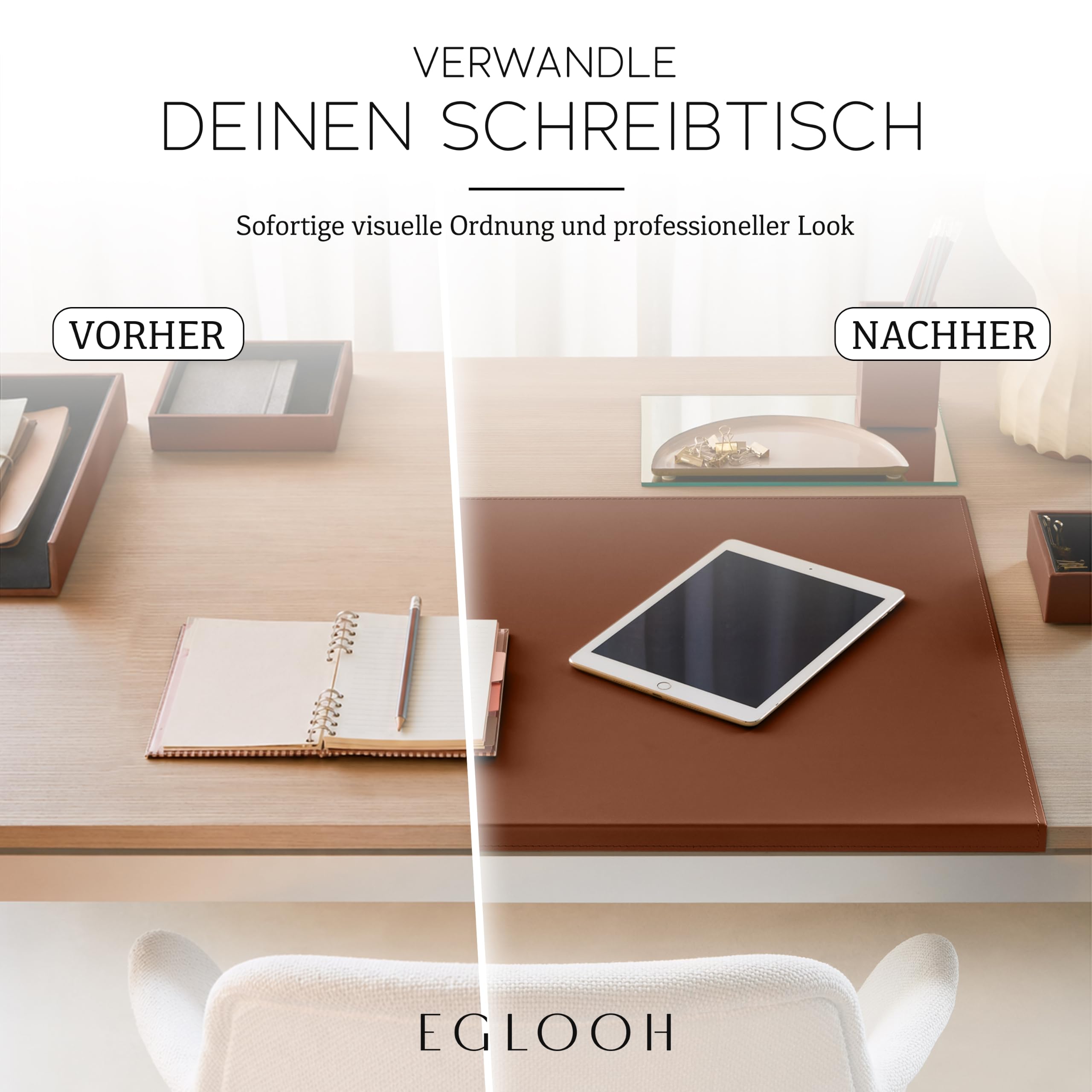 Eglooh - Calliope - Schreibtischunterlage Leder mit Kantenschutz - Desk Mat Groß & Rutschfest - Home Office Zubehör Made in Italy