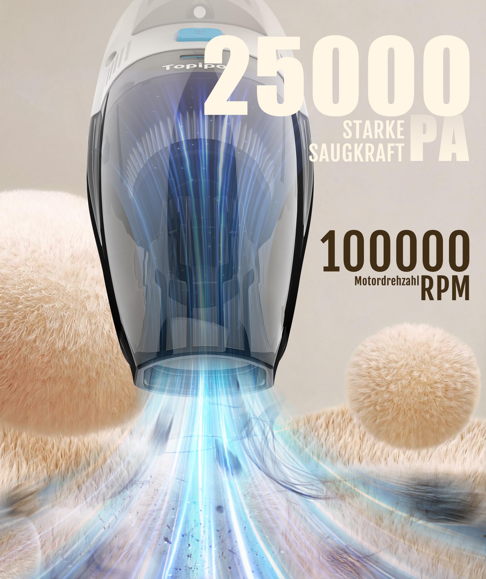 Topipop Aspiradora de mano con batería de 25000 Pa de gran potencia de succión, aspiradora inalámbrica con filtro HEPA y accesorios, aspiradora ligera para pelo de animales, alfombra de casa, oficina