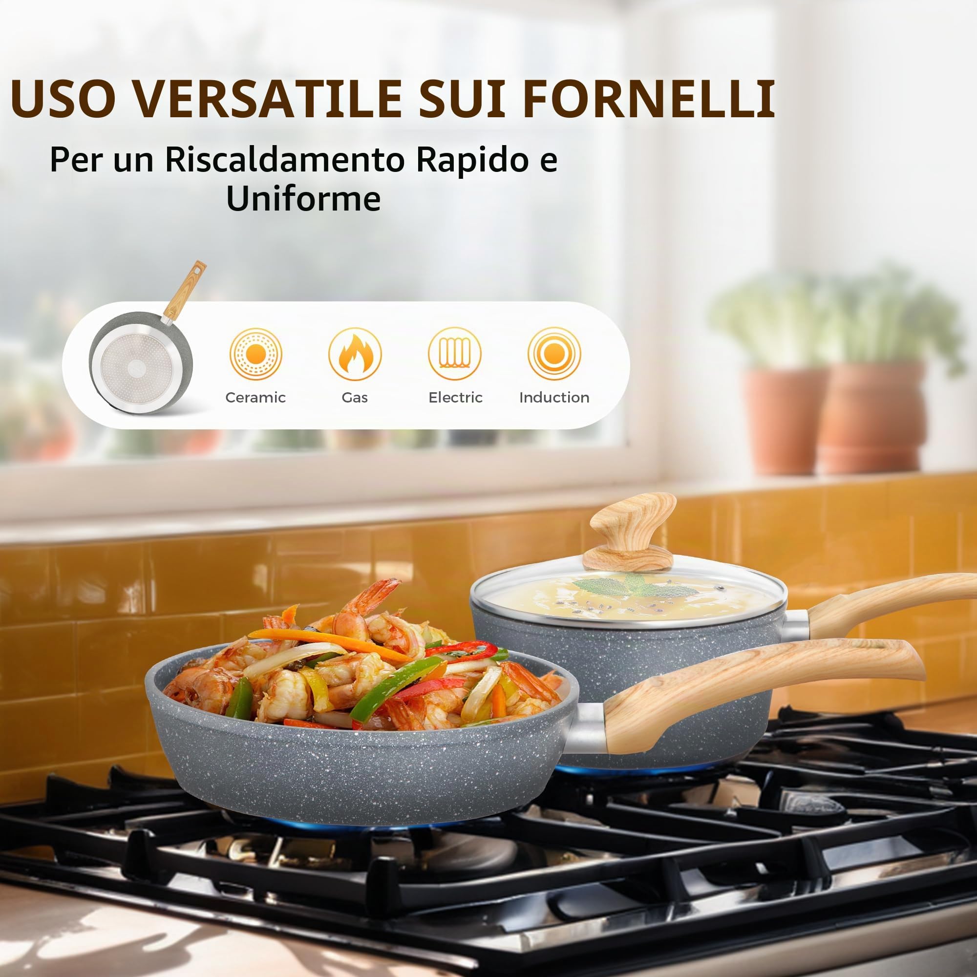 DishDelight Set Pentole Induzione 17 pezzi Antiaderenti Padelle Rivestimento in Granito Grigio Padella con Coperchi in Vetro