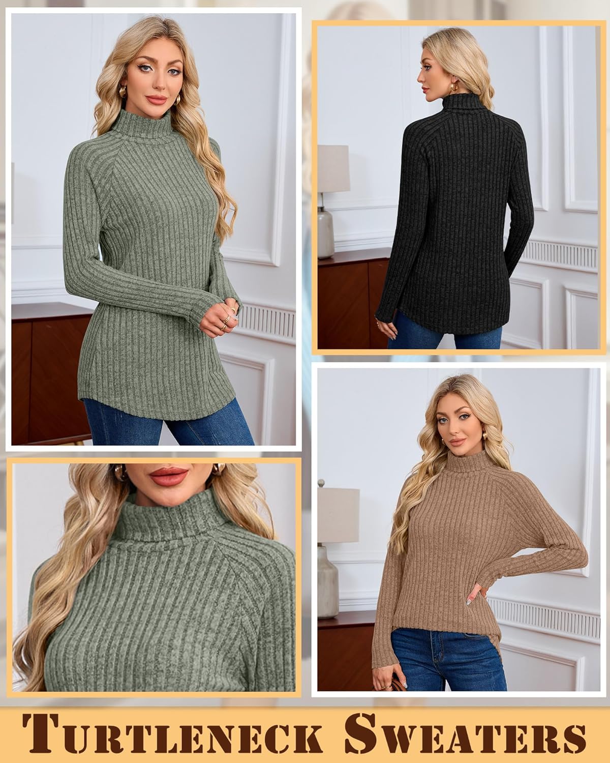 3 Pack Women's Long Sleeve Turtleneck Sweaters, Curved Hem Ribbed Tunic Tops Loose Fit Pullover Basic Layer - Image 6
