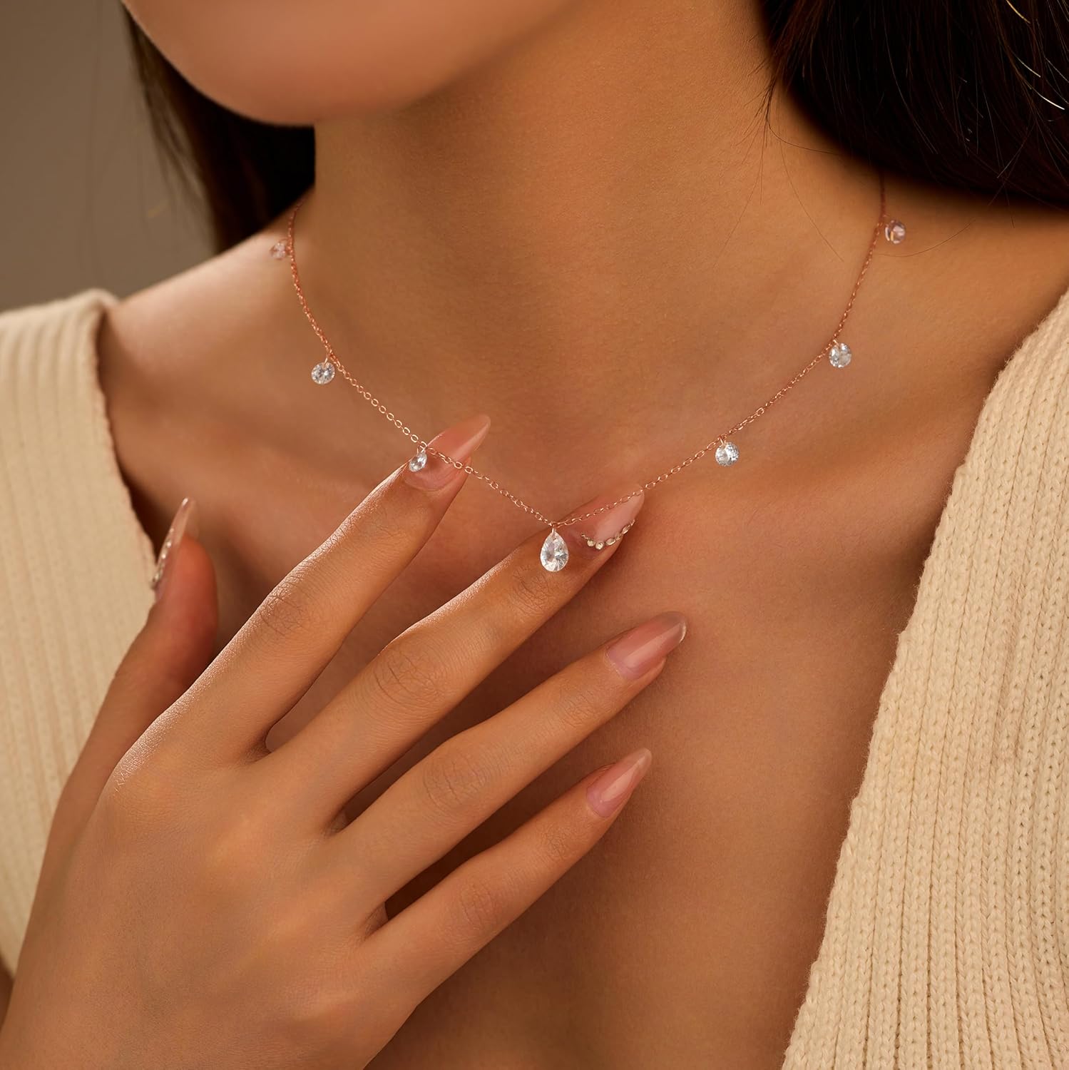 Diamond Necklaces for Women, 925 Sterling SIlver White Cubic Zirconia Choker Necklace 14K Gold Plated Dainty Simple Six CZ Non Tarnish Charm Chain Trendy Wedding Birthday Jewelry Gifts - Image 4