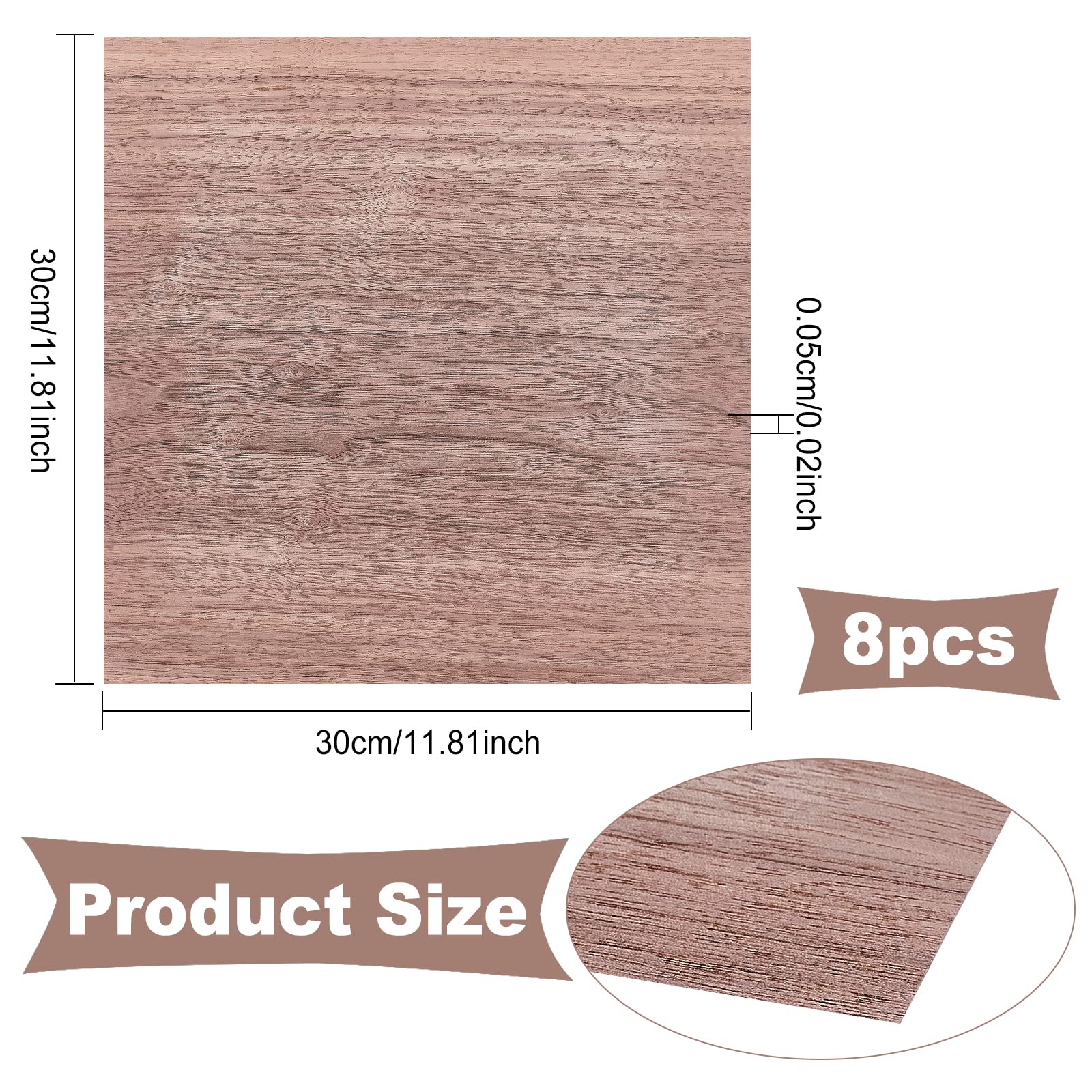 BENECREAT 8 Feuilles Feuille de Bois de Noyer, Planches de Placage Carrées en Bois Dur de 30x30 cm pour Projet de Bricolage en Bois, 0.5 mm D'Épaisseur