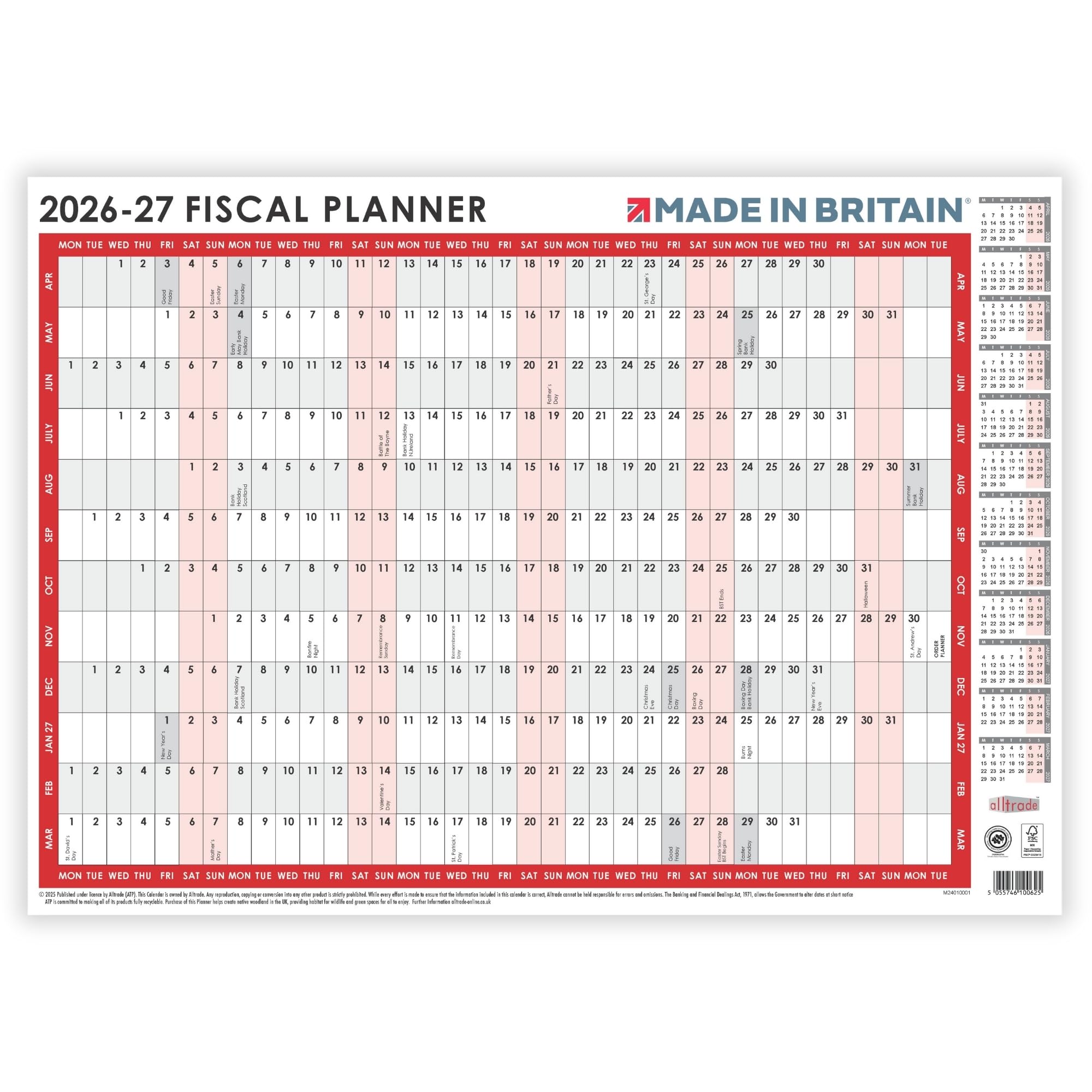 ALLTRADE Wall Planner Fiscal/Financial Year 2026-2027. 60x42cm April 2026 - March 2027 UK Holidays Financial/Fiscal Perfect Planner for Your Wall, Study, Home, Office. (A2)