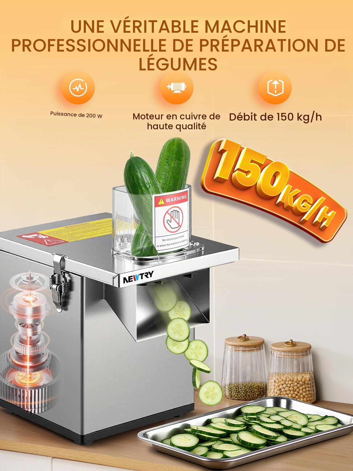 NEWTRY Coupe-légumes électrique 200W 3-en-1 Gastro Inox coupe | Moteur puissant, 150kg/h, coupe en dés, râpe, haute efficacité, durable, polyvalent pour restaurants, cantines, traiteurs