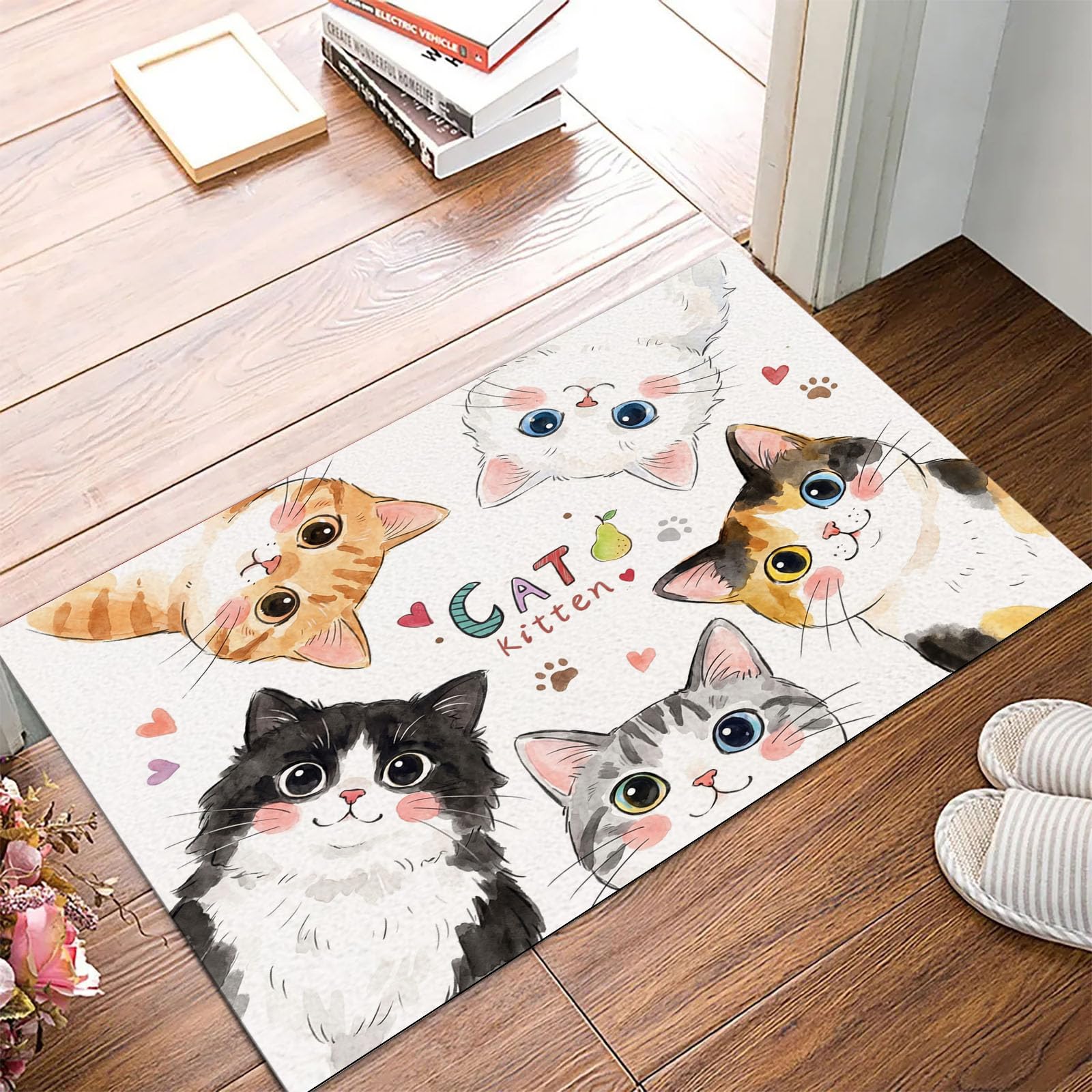 Tapis de bain antidérapant chat aquarelle blanc 60x90cm en microfibre