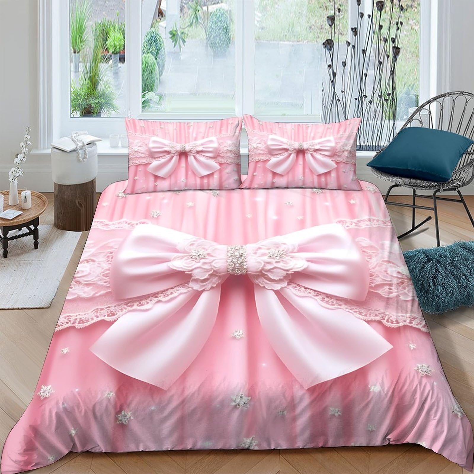 Ctjqhvkz Style-5 3D Printed Pink Bow Fitted Sheet Microfiber Soft Decorative Ribbon Bed Sheet For Bedroom Guest Room Easy Care Single（135X200cm）