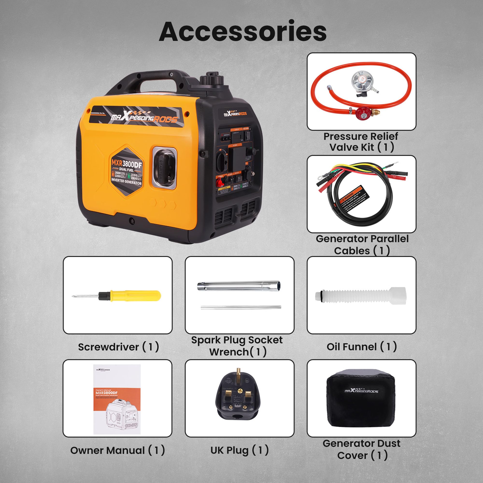 maXpeedingrods Generador de corriente de 3500 W LPG/gasolina inversor de doble combustible, con enchufe de 230 V/16 A; 2 puertos USB para camping, viajes al aire libre