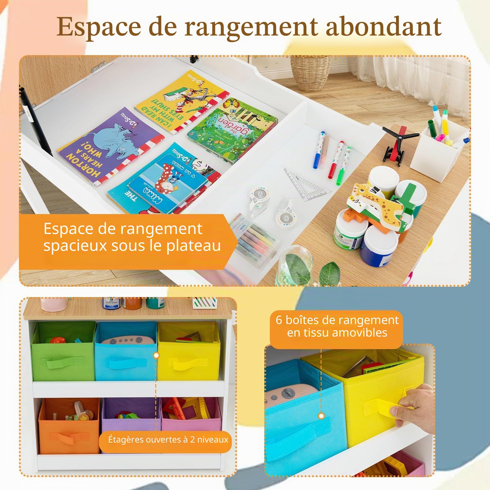 LIFEZEAL3 en 1 Ensemble Table et 2 Chaises pour Enfants, Table à Dessin avec Rouleau de Papier et Espace de Rangement, Set en Bois pour Activités Créatives, Charge de 91 KG et 75 KG (Naturel)