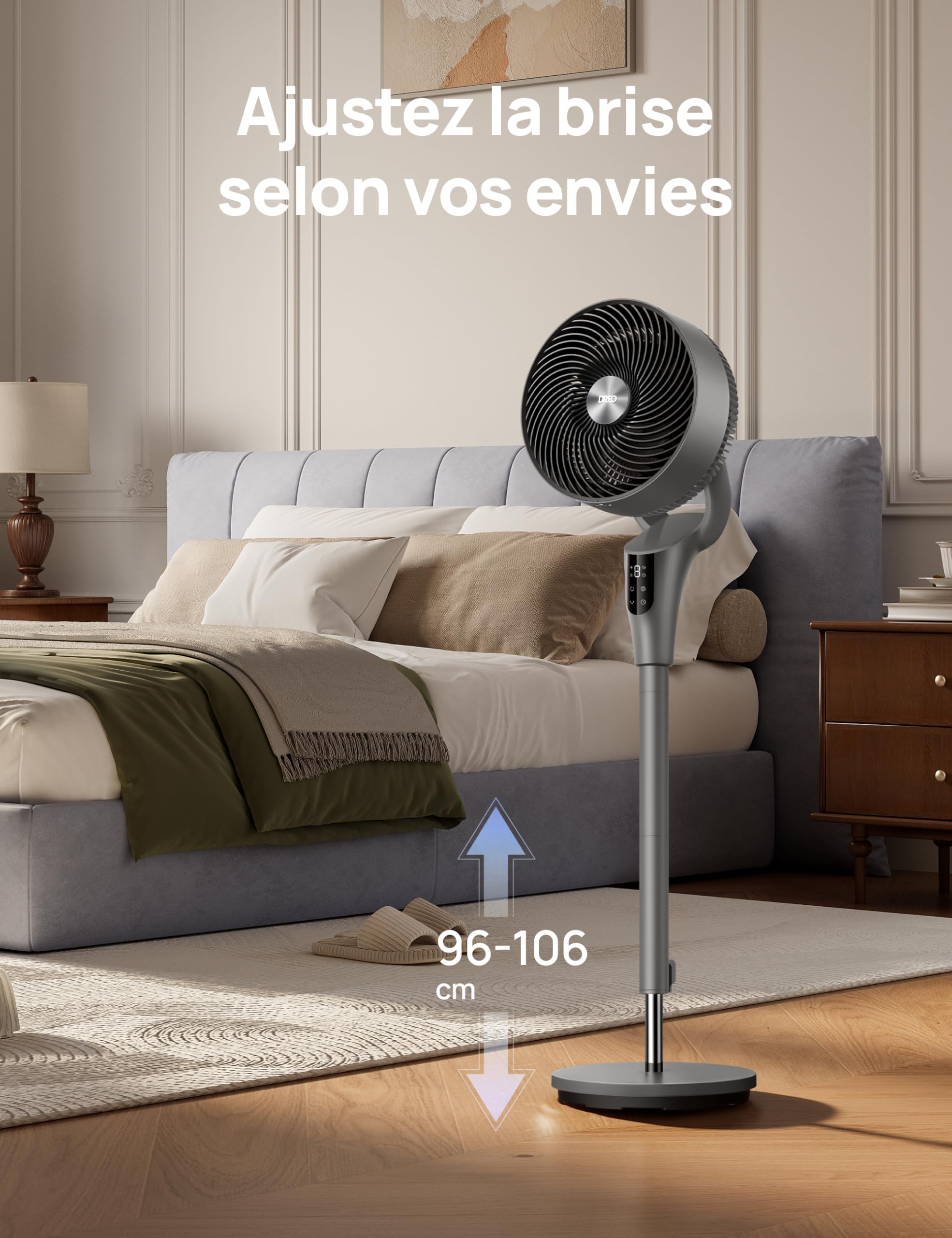 DREO Ventilateur sur Pied Silencieux pour Chambre [Amélioré], Flux d’Air 27m, 20dB, Oscillation 90°, Moteur DC, 8 Vitesses, 3 Modes, Hauteur 96–106 cm, Minuterie 8H, Inclinaison 105°