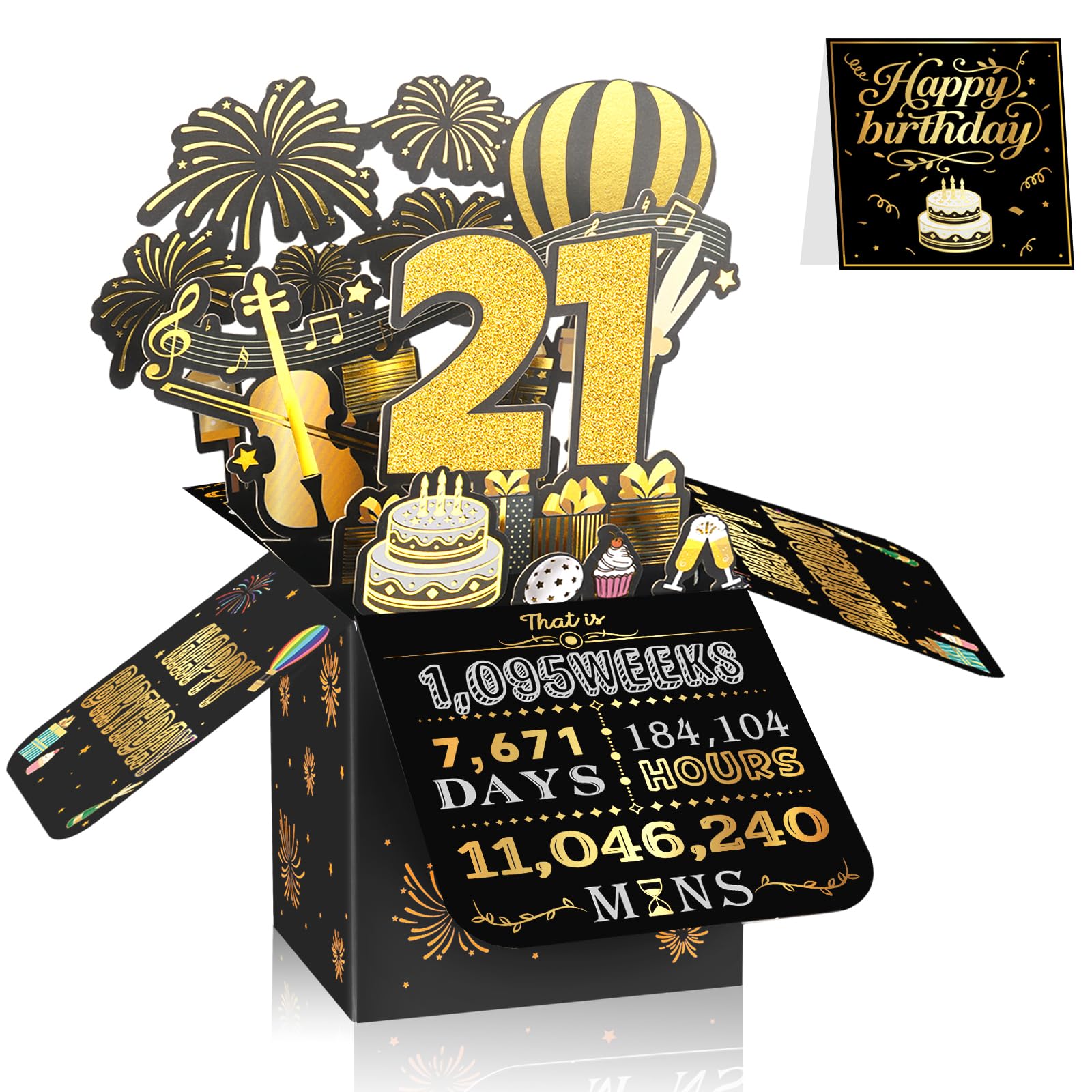 21st Birthday Card for Men & Women, 3D Pop Up Birthday Greeting Card, Black & Gold 21 Years Old Birthday Decorations & Gifts for Him or Her, Ideal for Son, Daughter, Sister, and Special Cousin