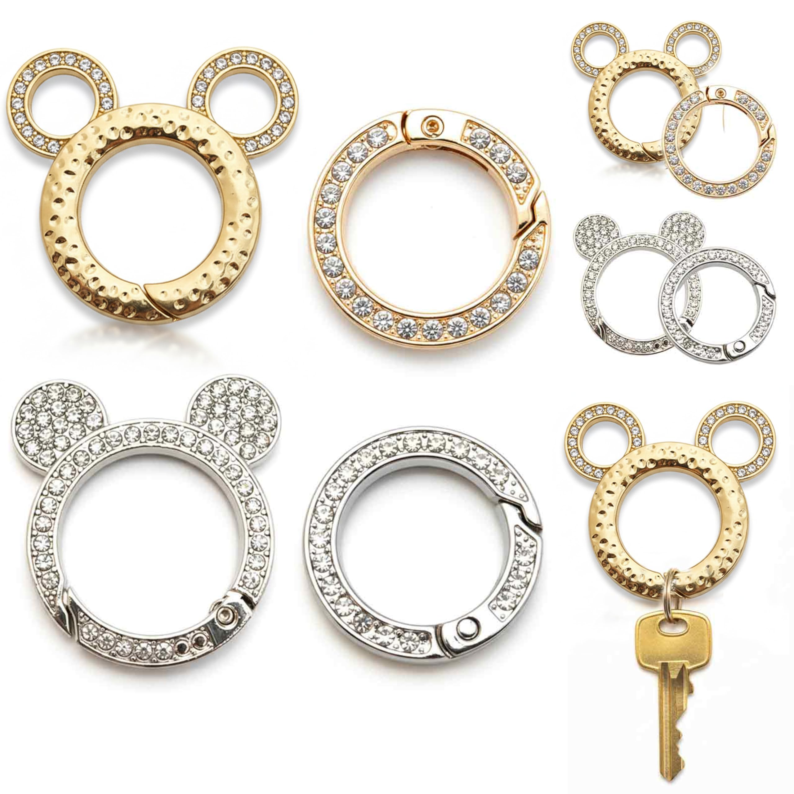 8 Pezzi Moschettone Rotondo Con Strass Argento E Oro – Gancio Per Borse, Portachiavi, Anelli Per Uncinetto E Accessori DIY