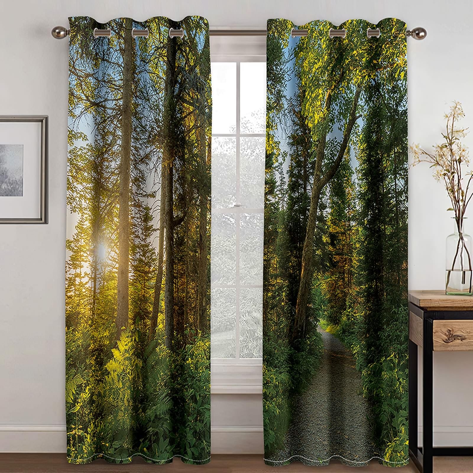 Gualiy Rideaux Opaques Chambre, Rideau Salon Thermique Sentier Forêt et Paysage Ensoleillé Rideau Lot de 2 132x244cm