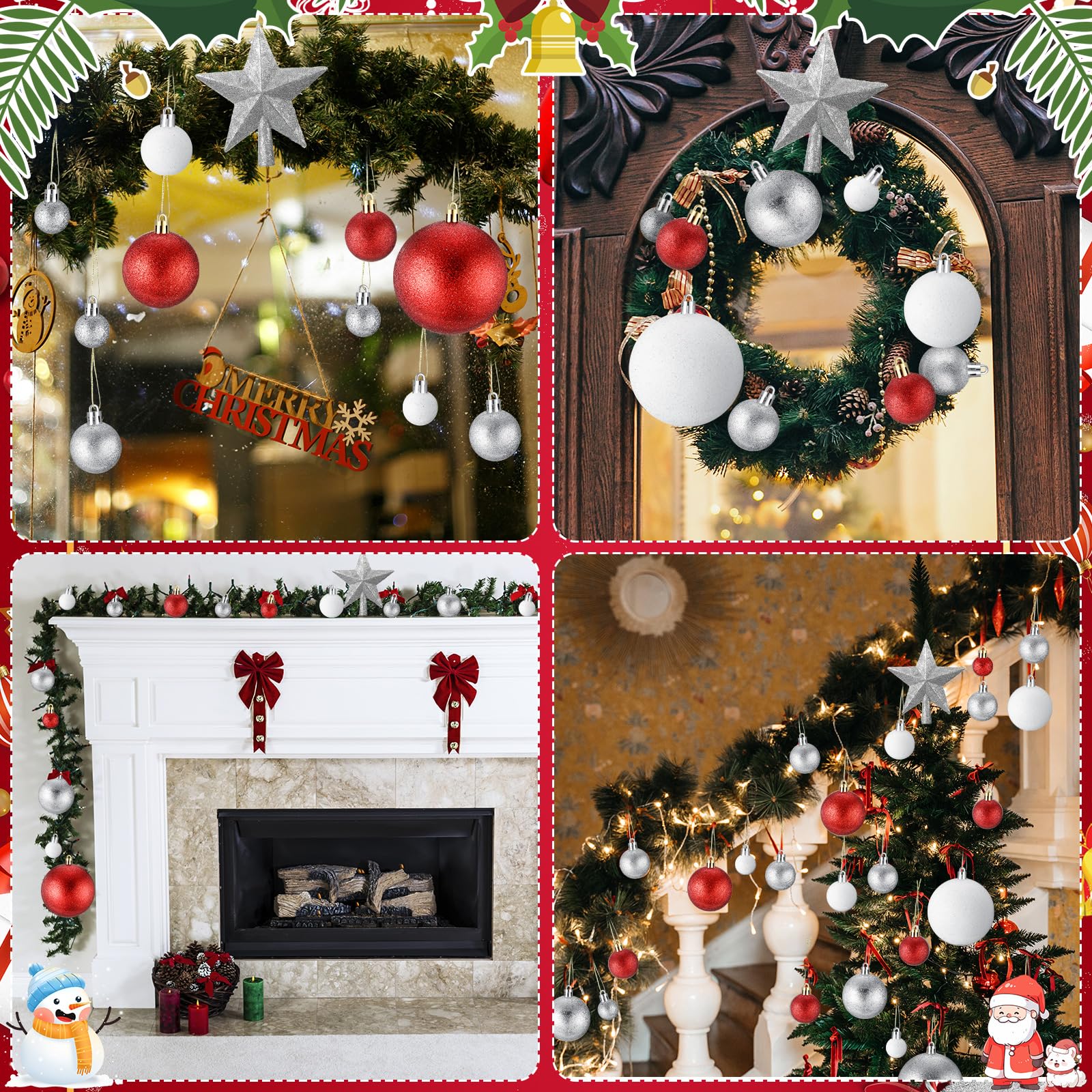 Outus Lot de 61 boules décoratives à paillettes incassables à suspendre pour sapin de Noël - 2,5 cm, 4,9 cm, 6,9 cm, 8 cm et étoile de sapin de Noël de 15,2 cm (rouge, blanc, argent)