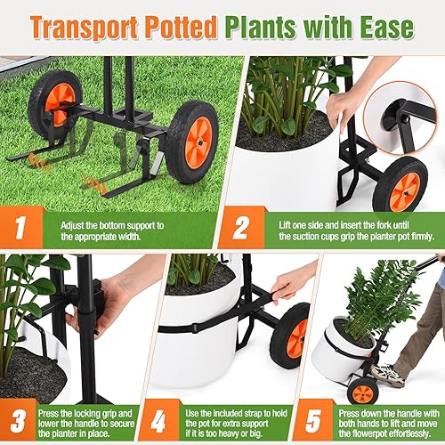 Miniatura 5 de Carrito de plantas con ruedas, carrito de plantas resistente con brazo de agarre ajustable y ventosas para macetas, carrito de mudanza de macetas de
