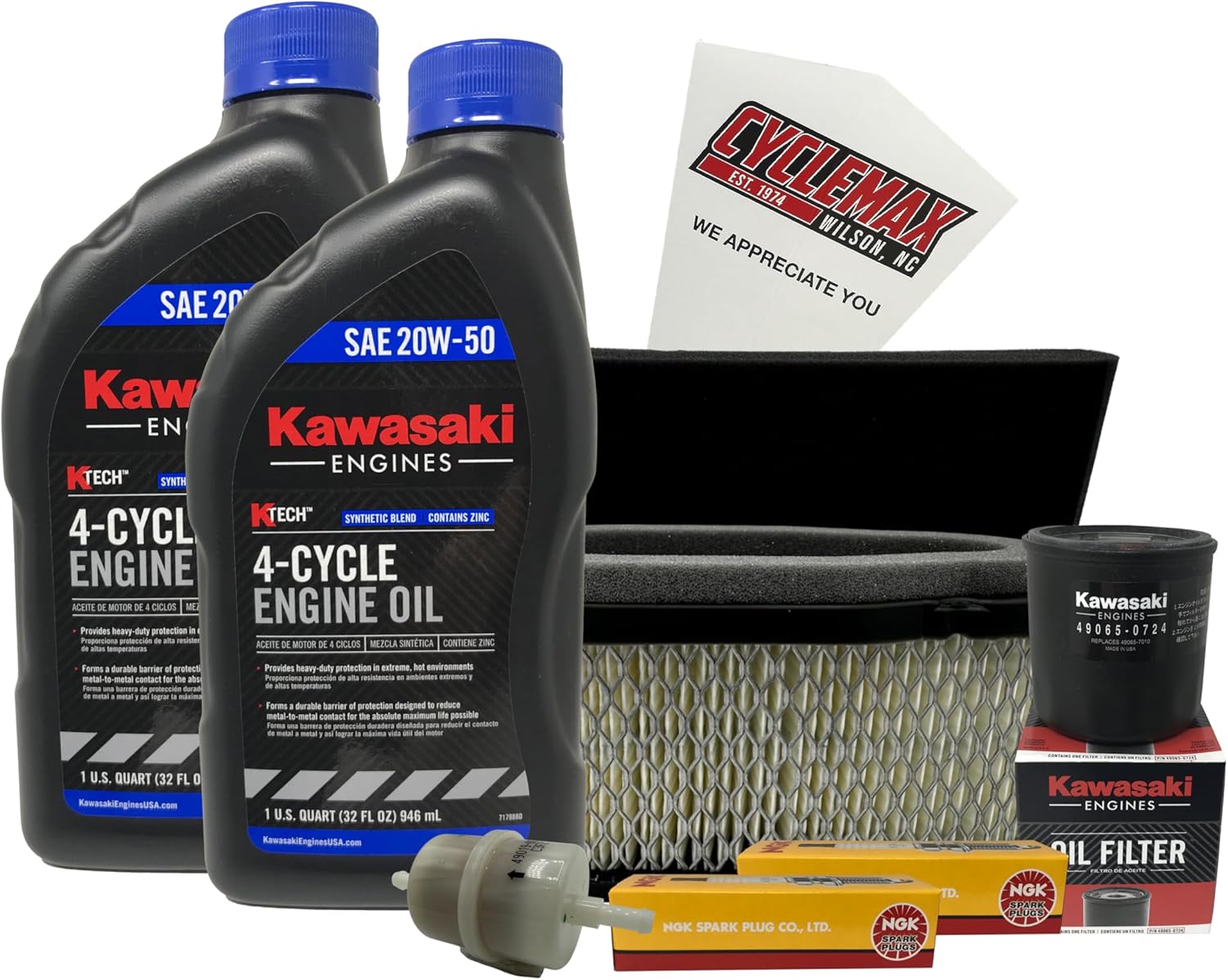 Cyclemax Tune Up Kit 20W-50 with Spark Plugs compatible with Kawasaki 99969-6526 compatible with FH601V FH641V FH661V FH680V FH721V