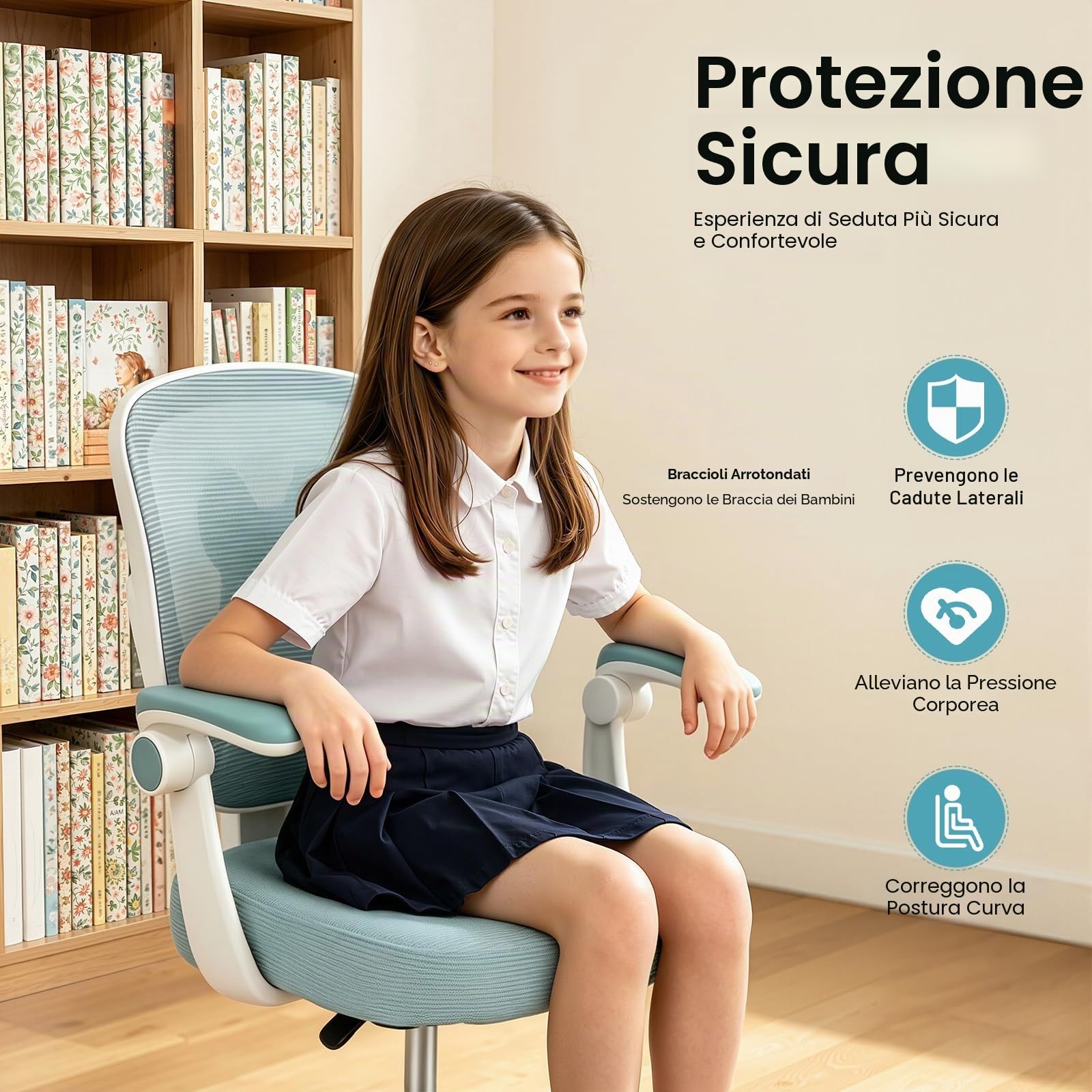 Sedia da scrivania per bambini, ergonomica, girevole a 360°, per bambini, regolabile in altezza, con braccioli e poggiapiedi, per adolescenti e ragazze (verde)