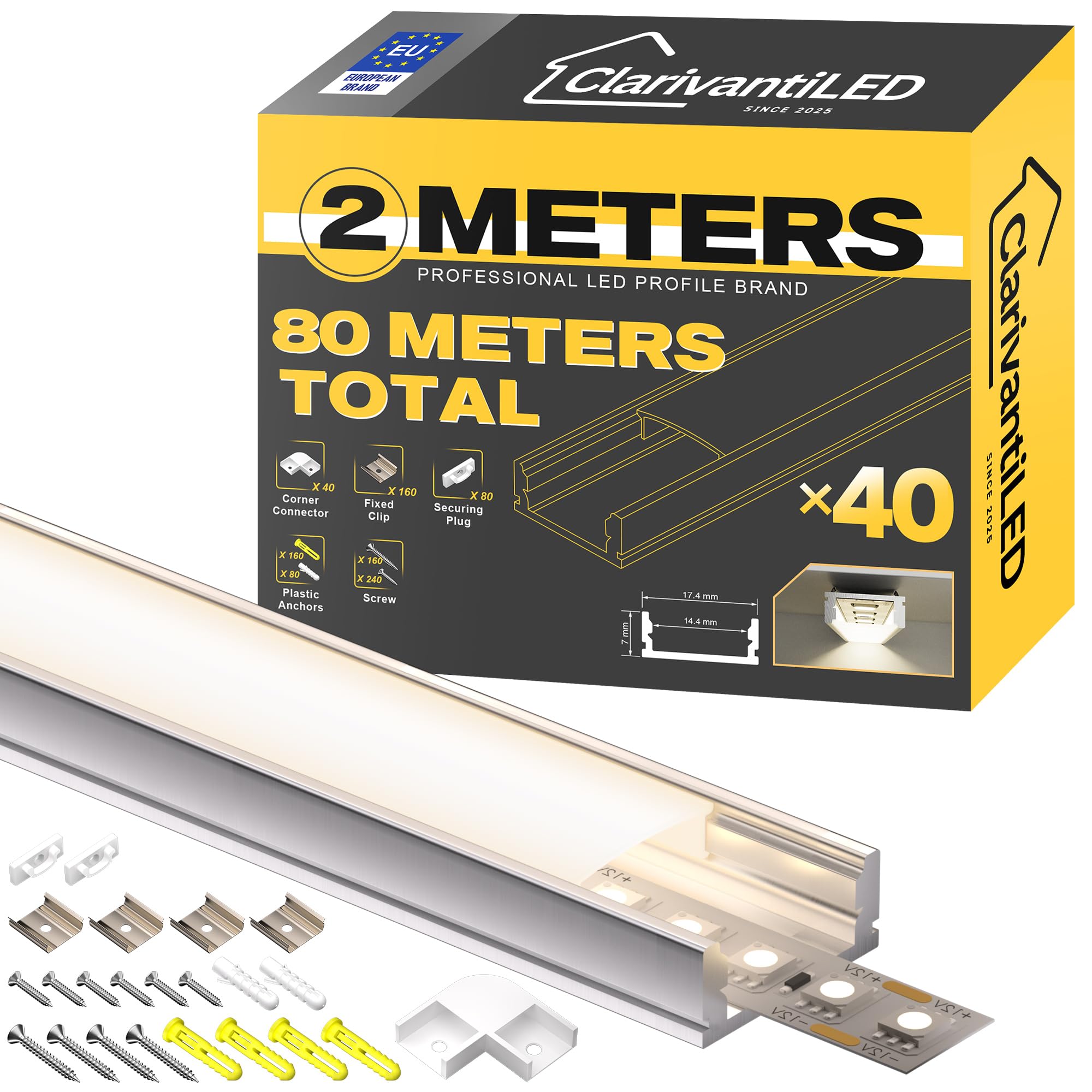 Profilo LED a forma di U, 2 m x 40 pezzi (80 m), guida in alluminio anodizzato, canale per strisce fino a 12 mm, diffusore per una distribuzione uniforme della luce (SP26)
