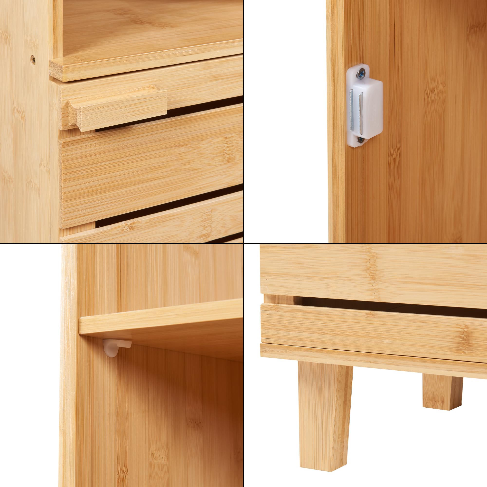[en.casa] Mobile a Colonna da Terra per Bagno Lavanderia Corridoio Mobile Alto 180 x 33 x 30 cm con Scomparti Aperti e Chiusi da Anta e Ripiano - Bambù Naturale