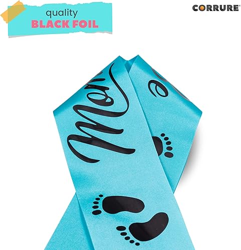 Miniatura 6 de CORRURE Baby Shower Mom to Be - Faja para niño o niña - Hermosa cinta azul y texto de lámina negra - Revelación de género ideal recuerdos de baby